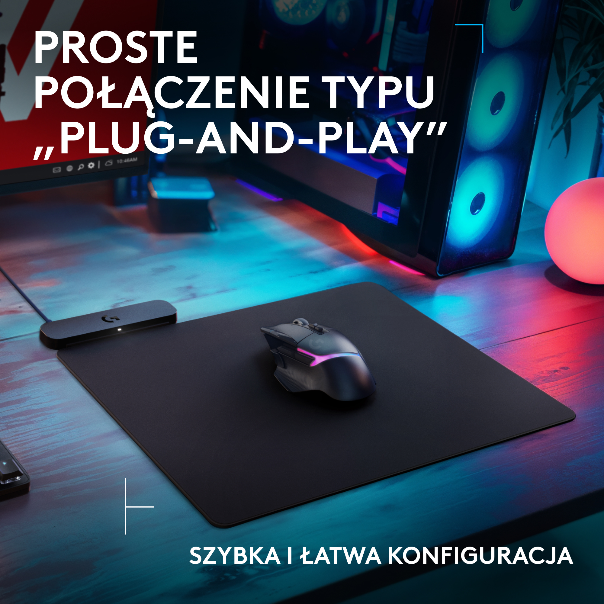 Podkładka pod mysz z myszą i odbiornikiem. Tekst: Proste połączenie Plug-and-Play.