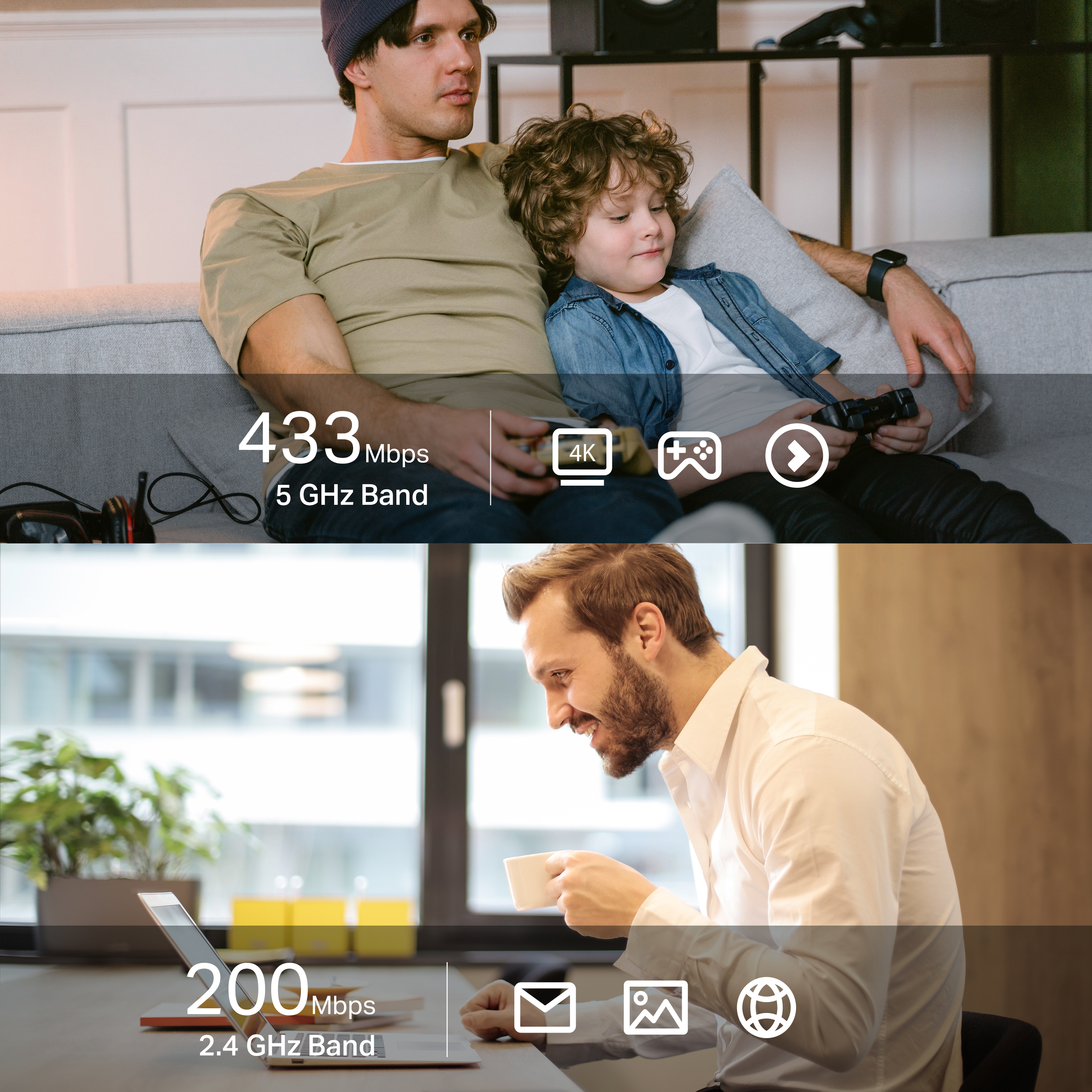 Zwei Männer und ein Kind sitzen auf einem Sofa, Grafiken zeigen Internetgeschwindigkeit, Gaming und 4K.