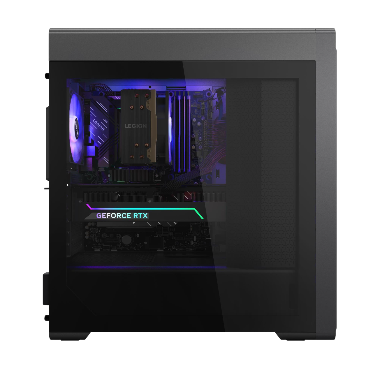 Computergehäuse mit sichtbaren Komponenten: CPU-Kühler, GPU, Motherboard und LED-Beleuchtung.