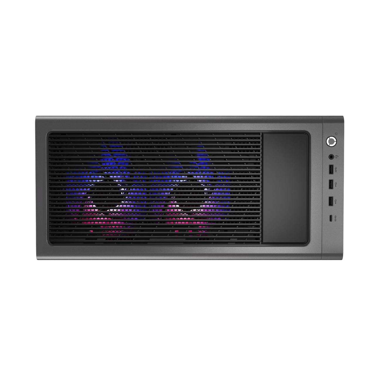 Vorderansicht des Computergehäuses mit Grill, Seitenanschlüssen und farbwechselnden Lüftern im Inneren.