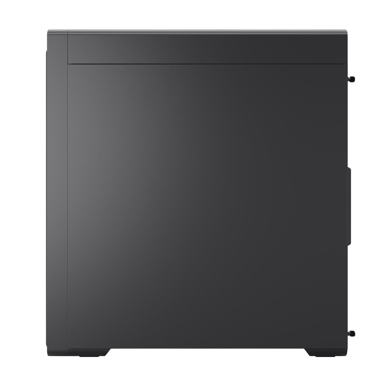 Ein schwarzes Computergehäuse von der Seite betrachtet. Es ist ein schlankes, rechteckiges Design.