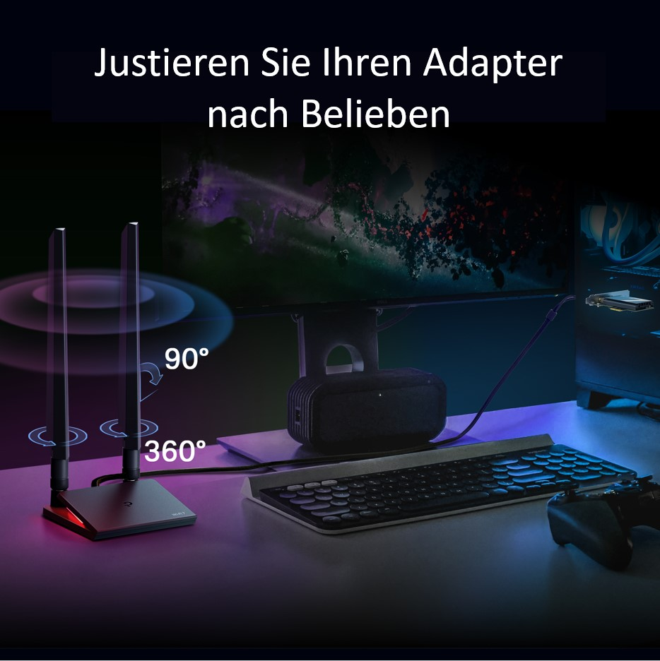Ein Setup mit zwei Antennen und einer Tastatur, dargestellt auf dunkler Oberfläche, mit Text.