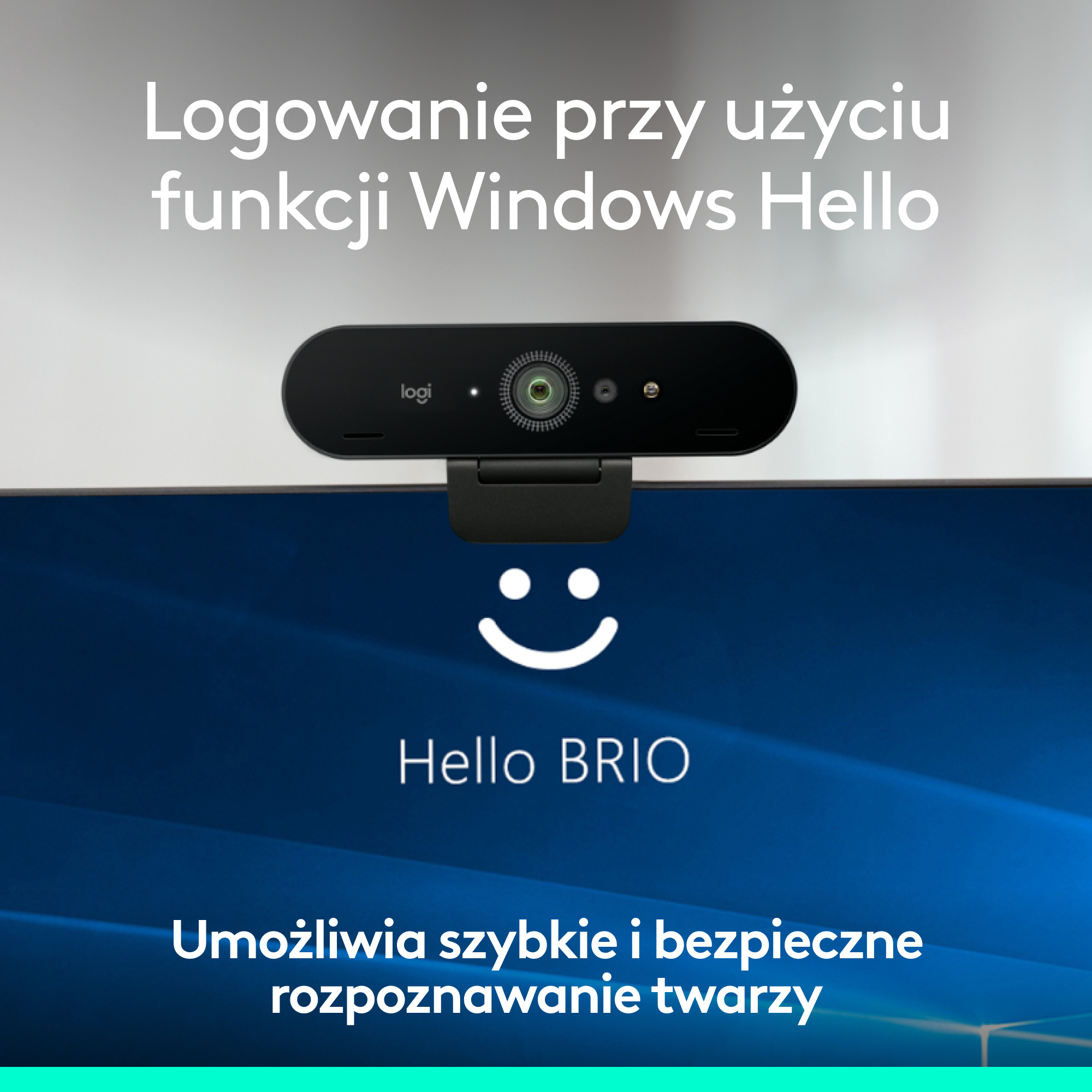Kamera internetowa z tekstem 'Hello BRIO' i funkcją Windows Hello.