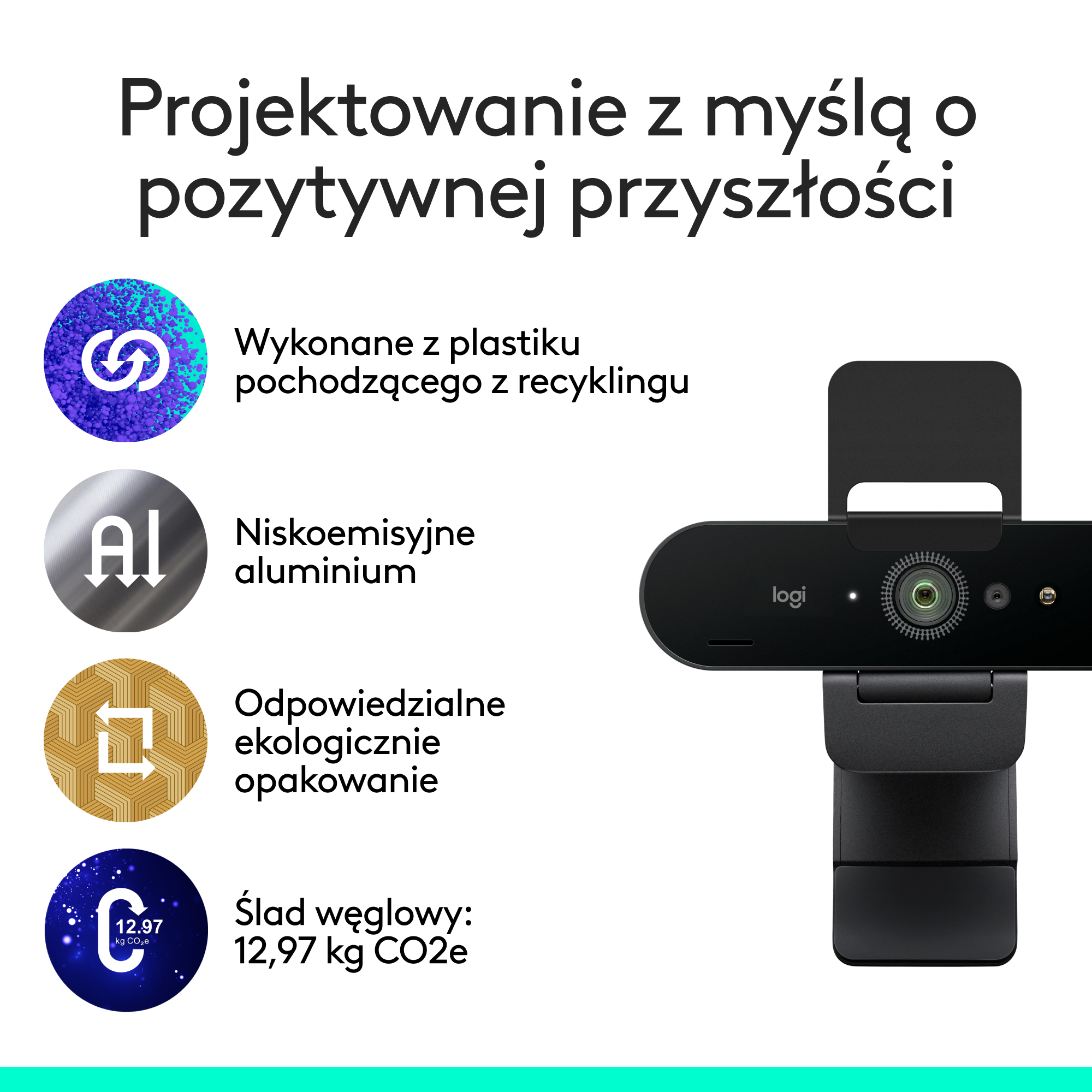 Kamera internetowa Logitech z ikonami dla tworzyw sztucznych z recyklingu, aluminium i śladu węglowego.