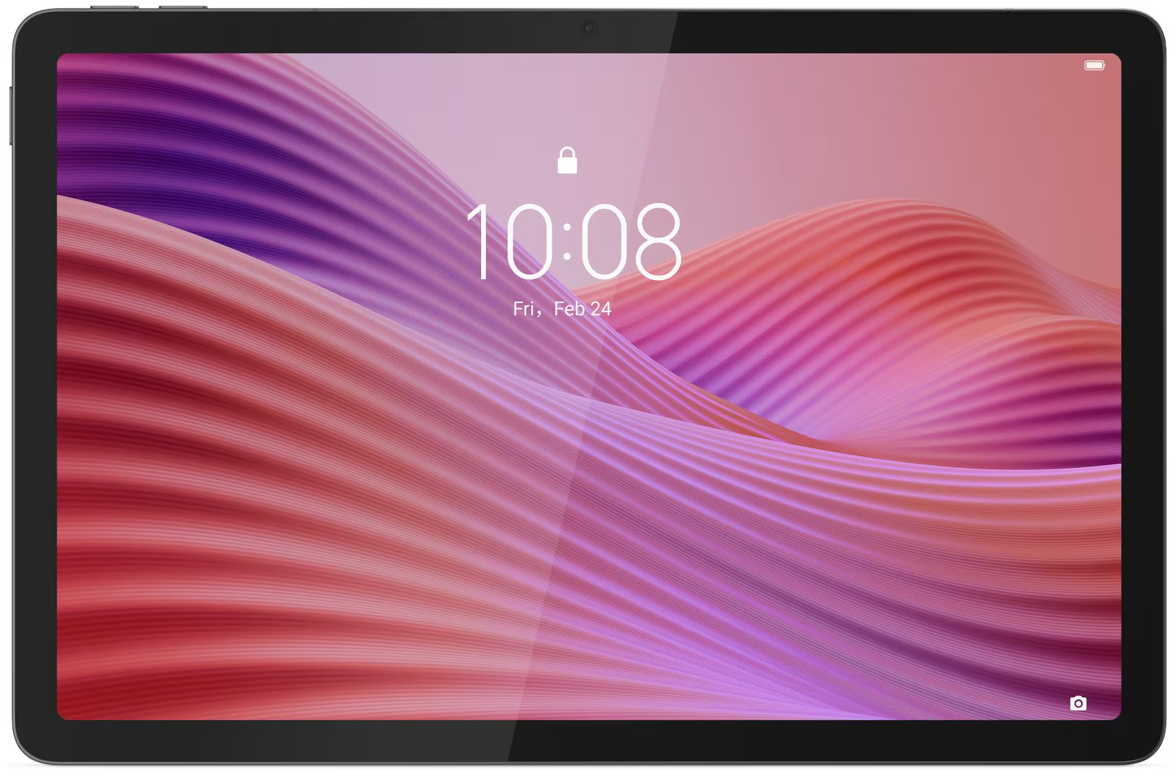 Egy fekete tablet, amely egy rózsaszín és piros absztrakt hátteret jelenít meg időadatokkal.