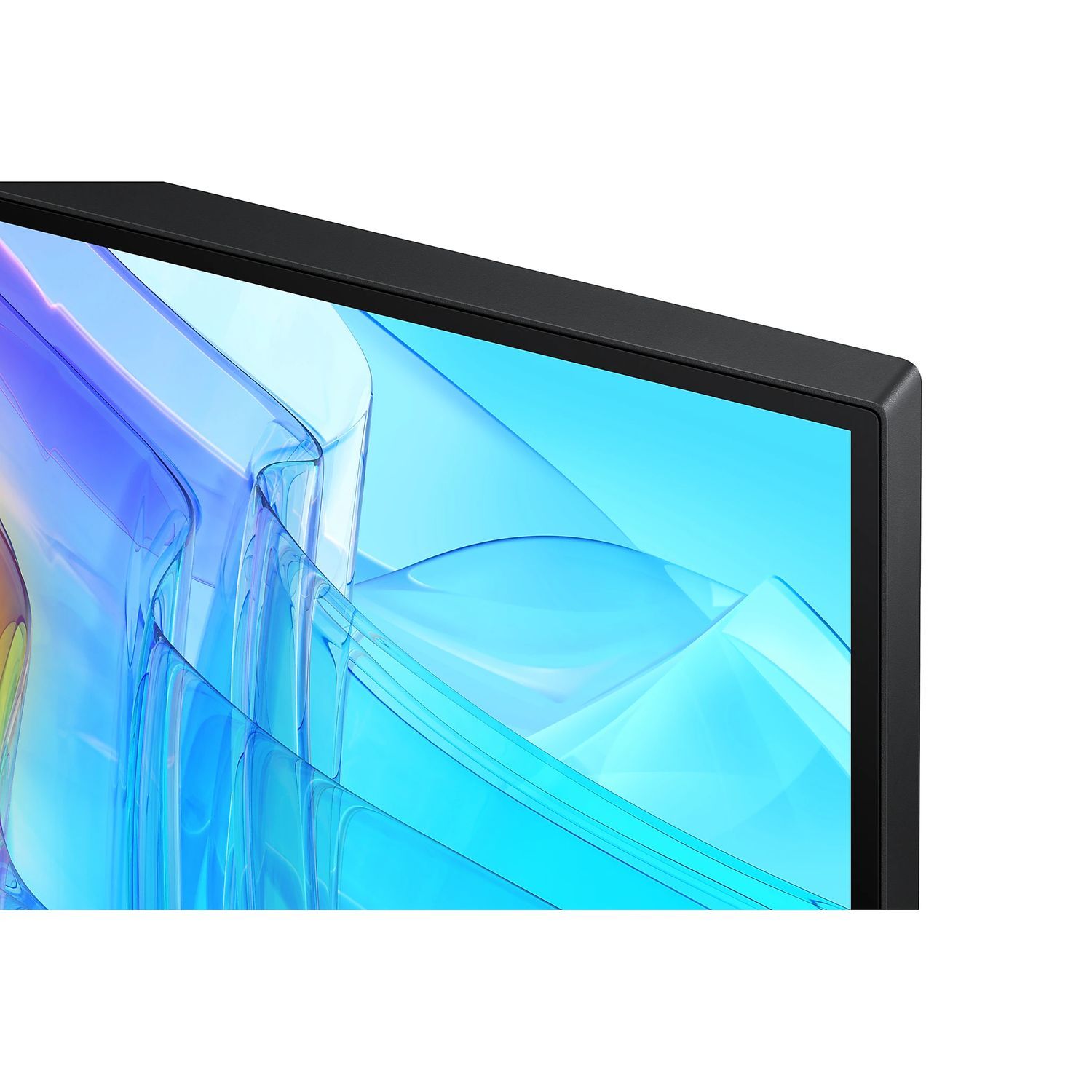 Close-up of a black television frame with a blue and white abstract pattern on the screen. White background.