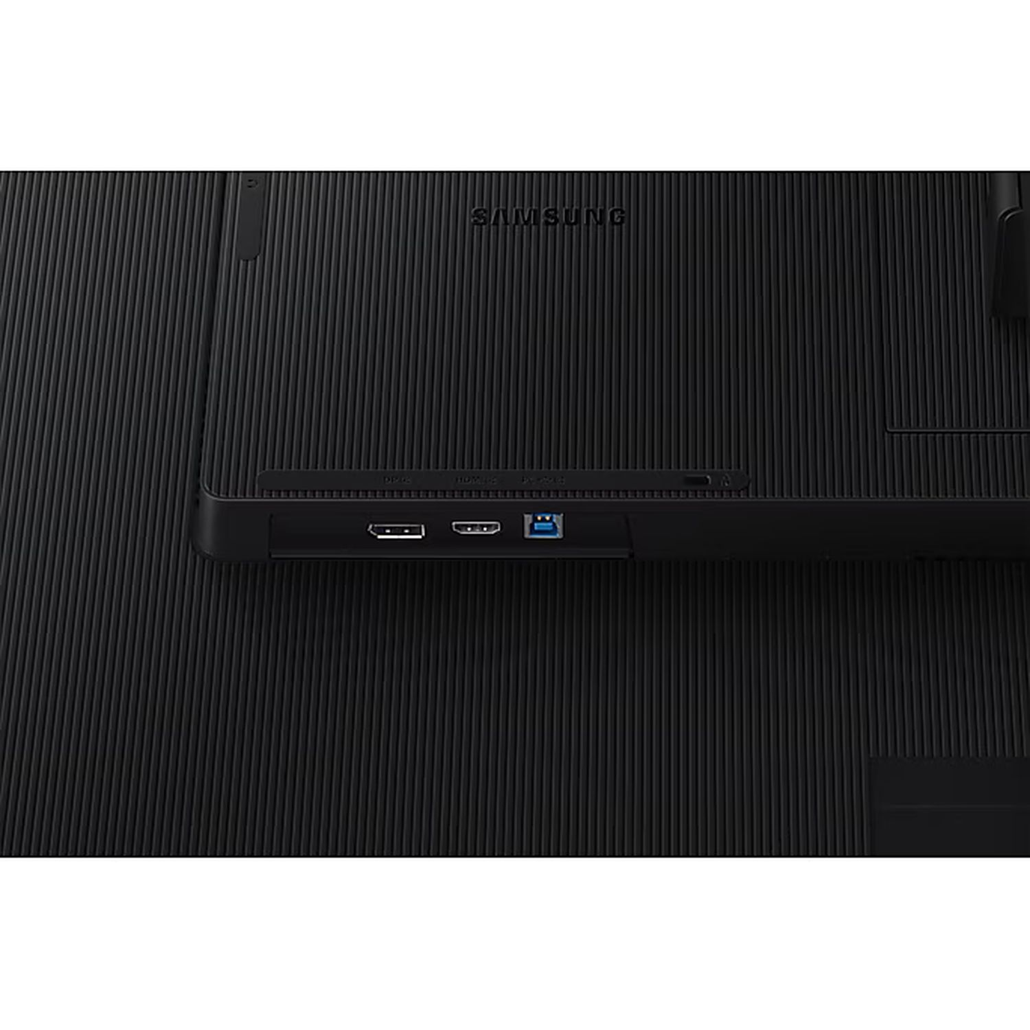 Black Samsung monitor back. Ports visible: HDMI, DisplayPort, USB. Vertical textured pattern. 'SAMSUNG' logo is visible.