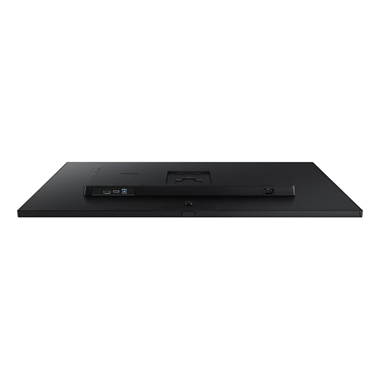 Black computer monitor, angled view. Ports visible on back. White background.