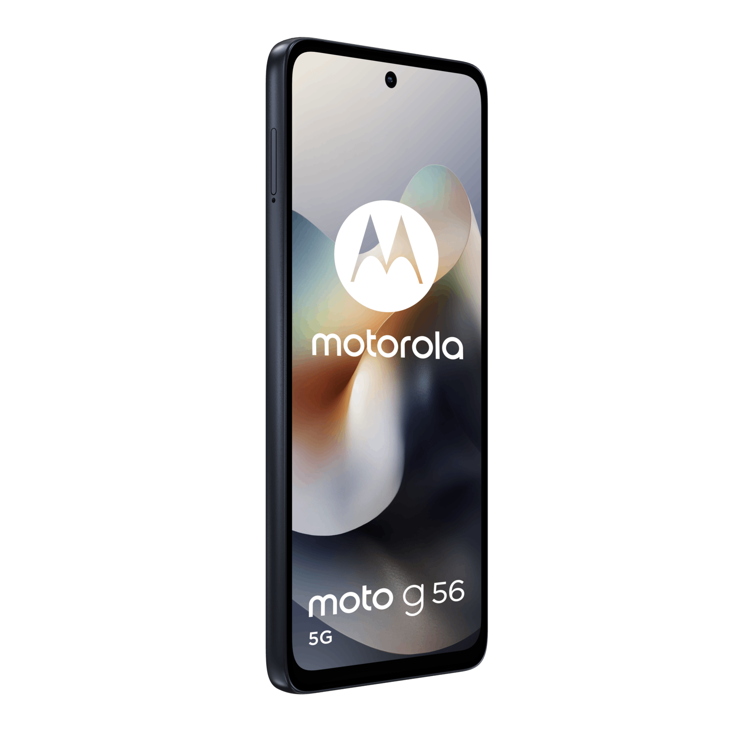 Donkerblauwe Motorola moto g56 telefoon, scherm met logo en tekst.