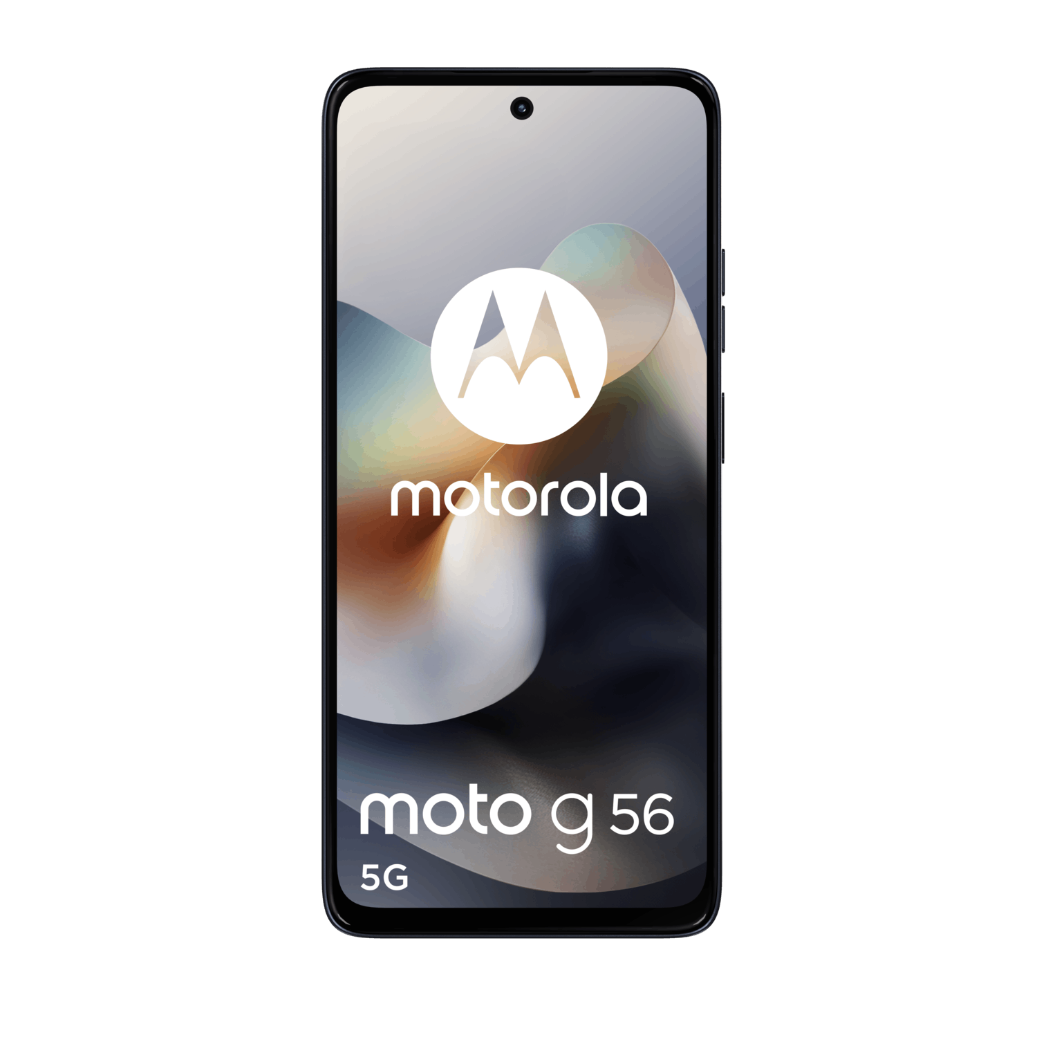 Vooraanzicht van een donkerblauwe Motorola moto g56 telefoon, met het scherm.