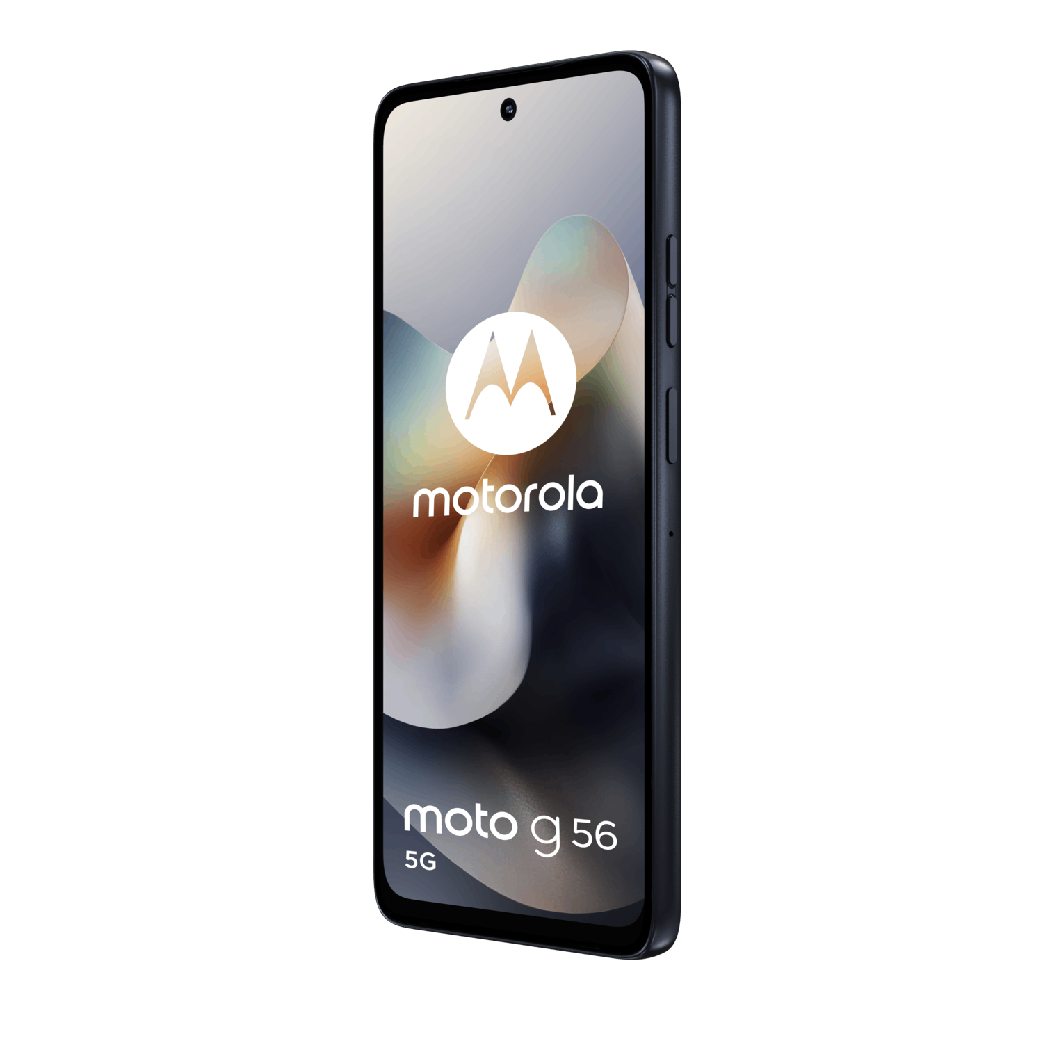 Zijaanzicht van een donkerblauwe Motorola moto g56 telefoon, het scherm zichtbaar.