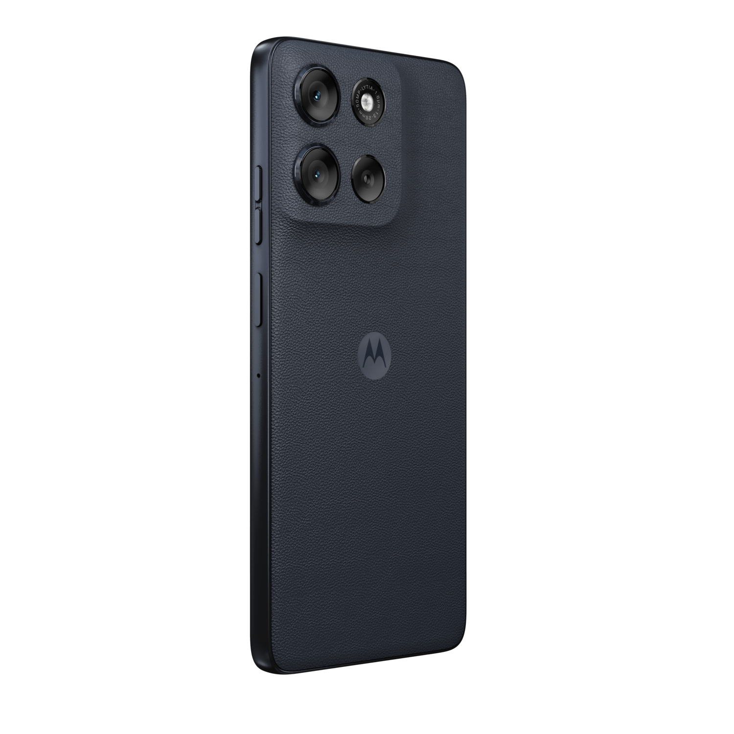 Achterkant van een donkerblauwe Motorola moto g56 telefoon, met camera's en logo.