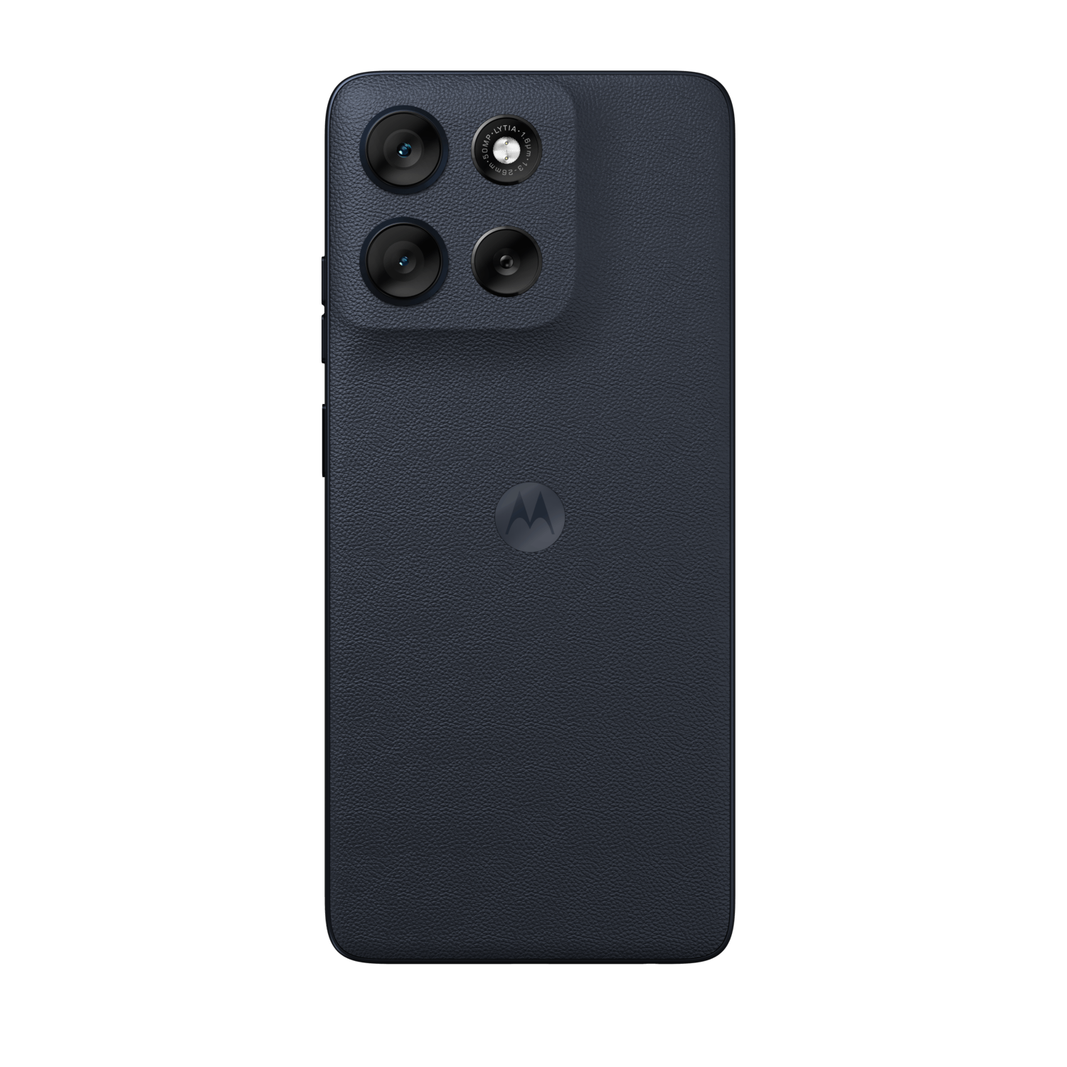 Achterkant van de donkerblauwe Motorola moto g56, met camera's en Motorola-logo.