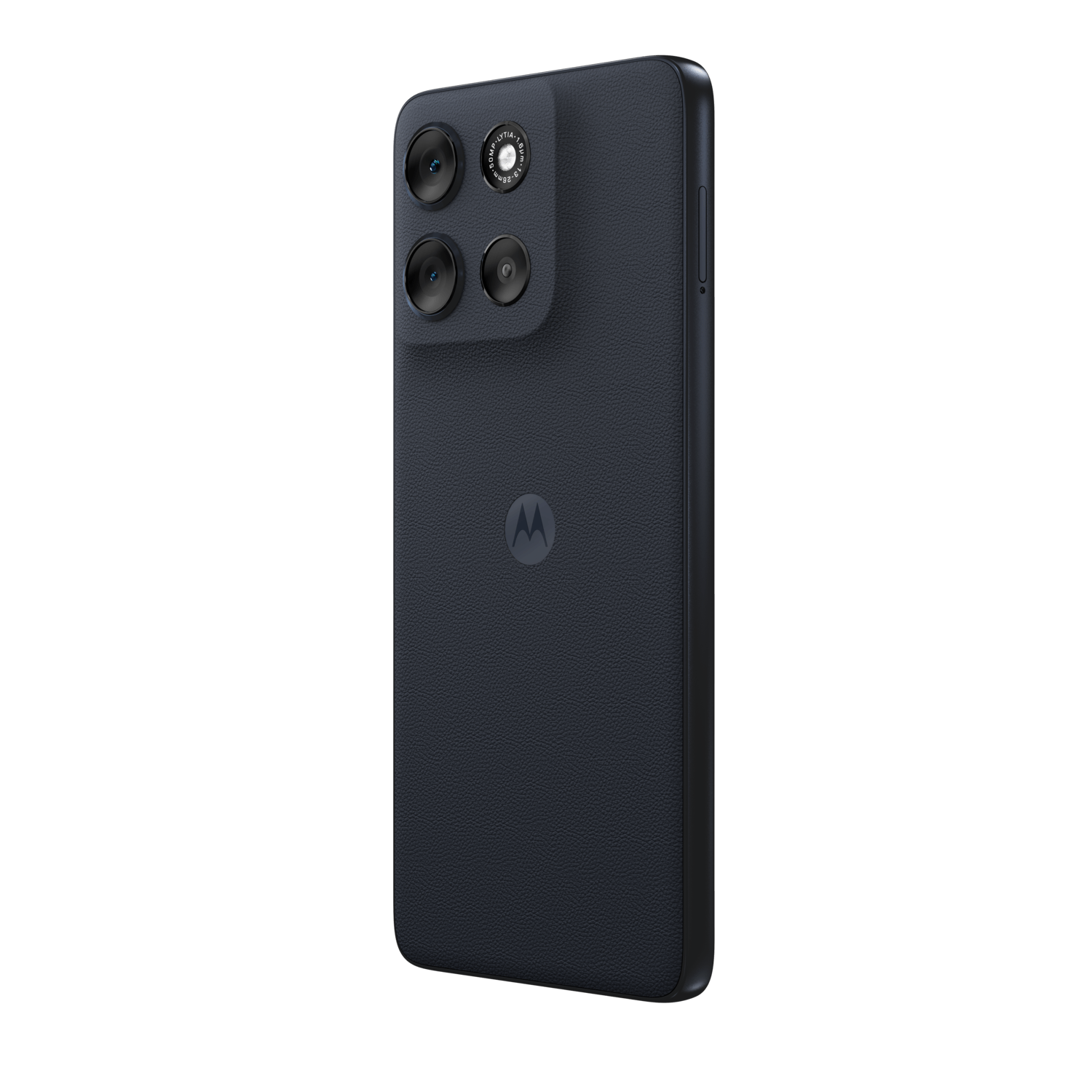 Achterkant van de donkerblauwe Motorola moto g56, met camera's en Motorola-logo.