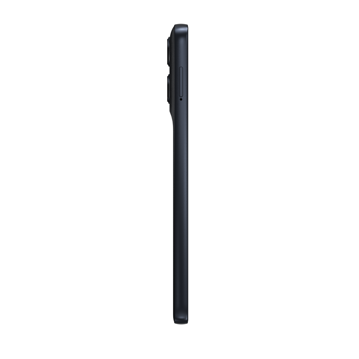 Zijaanzicht van een donkerblauwe Motorola moto g56, met het zijkantprofiel.