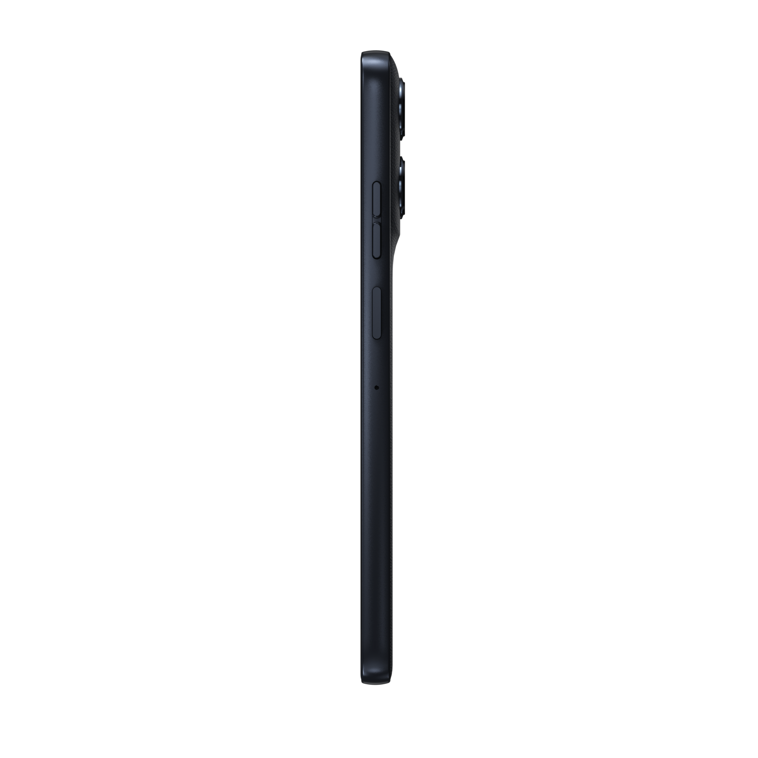 Nog een zijaanzicht van donkerblauwe Motorola moto g56, met het zijprofiel.