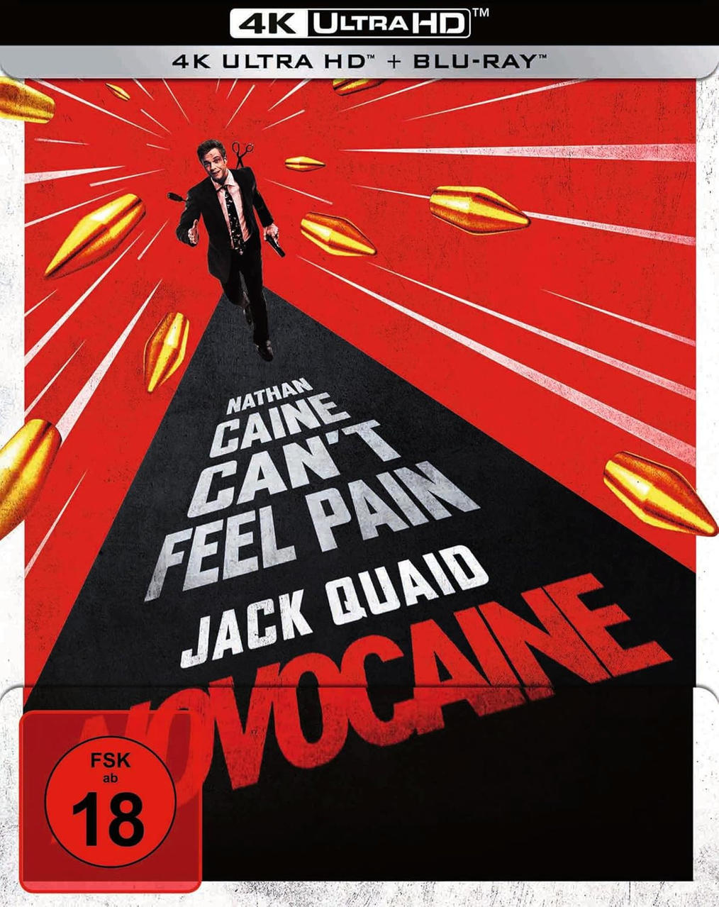 Filmcover: 'Novocaine', mit Jack Quaid und Nathan Caine, die auf den Betrachter zulaufen.