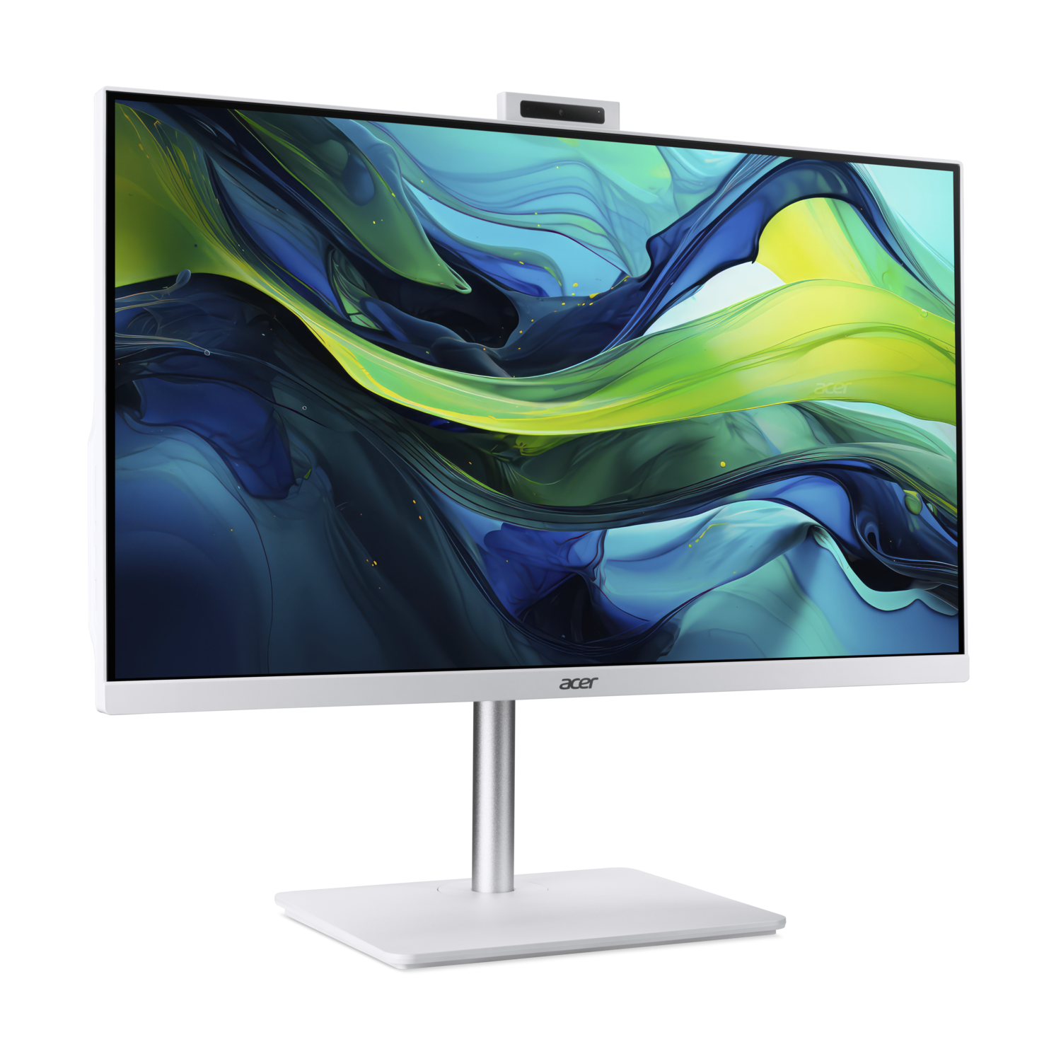 White Acer monitor with stand, displaying abstract artwork.