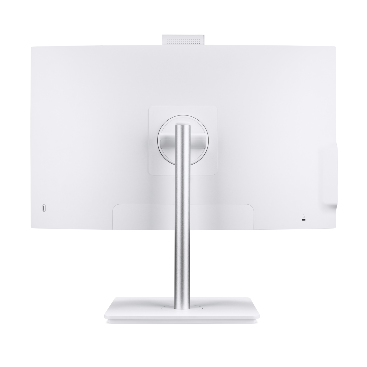Back view of a white computer monitor with a stand. A webcam is mounted at the top.