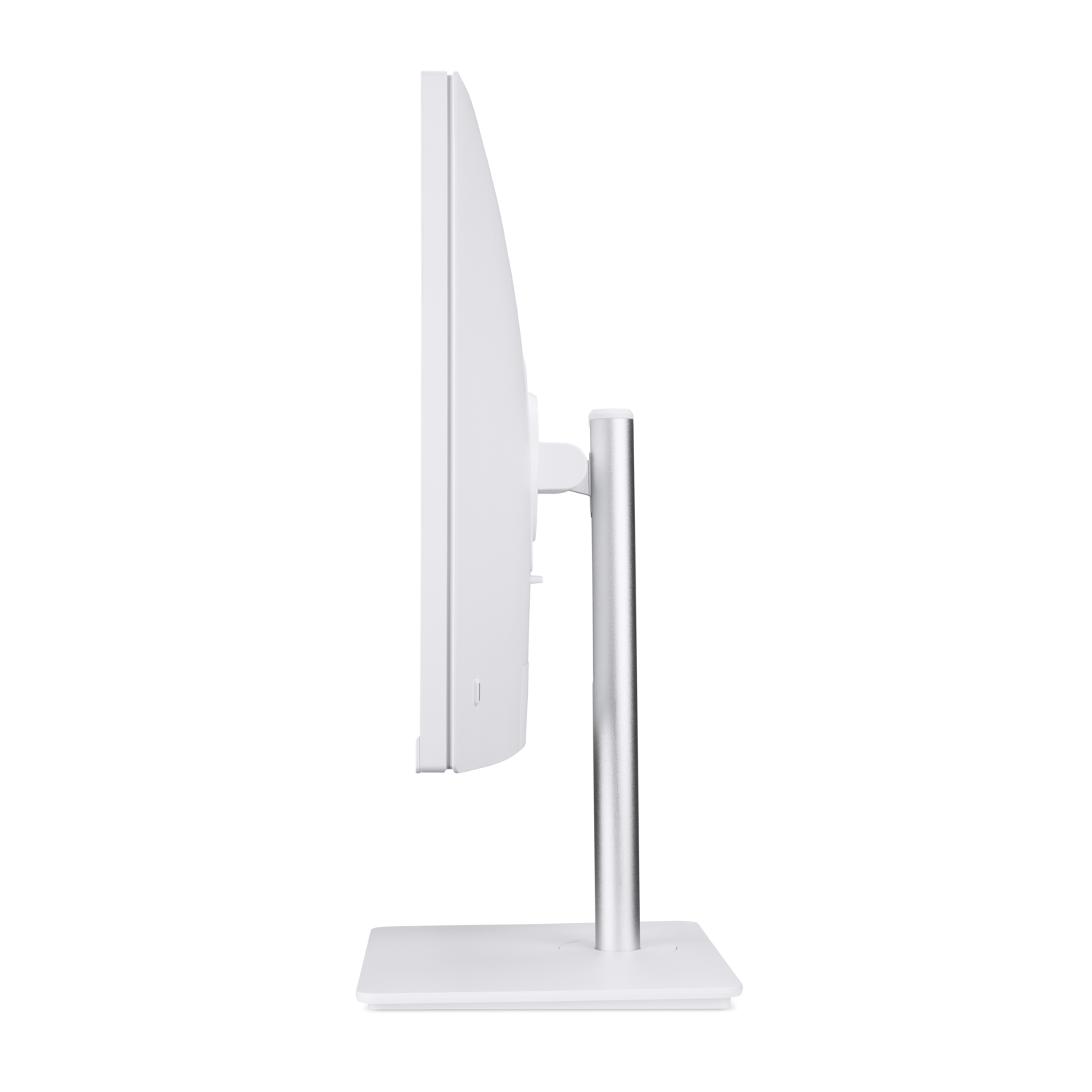 Side view of a white computer monitor with a stand, against a black background.