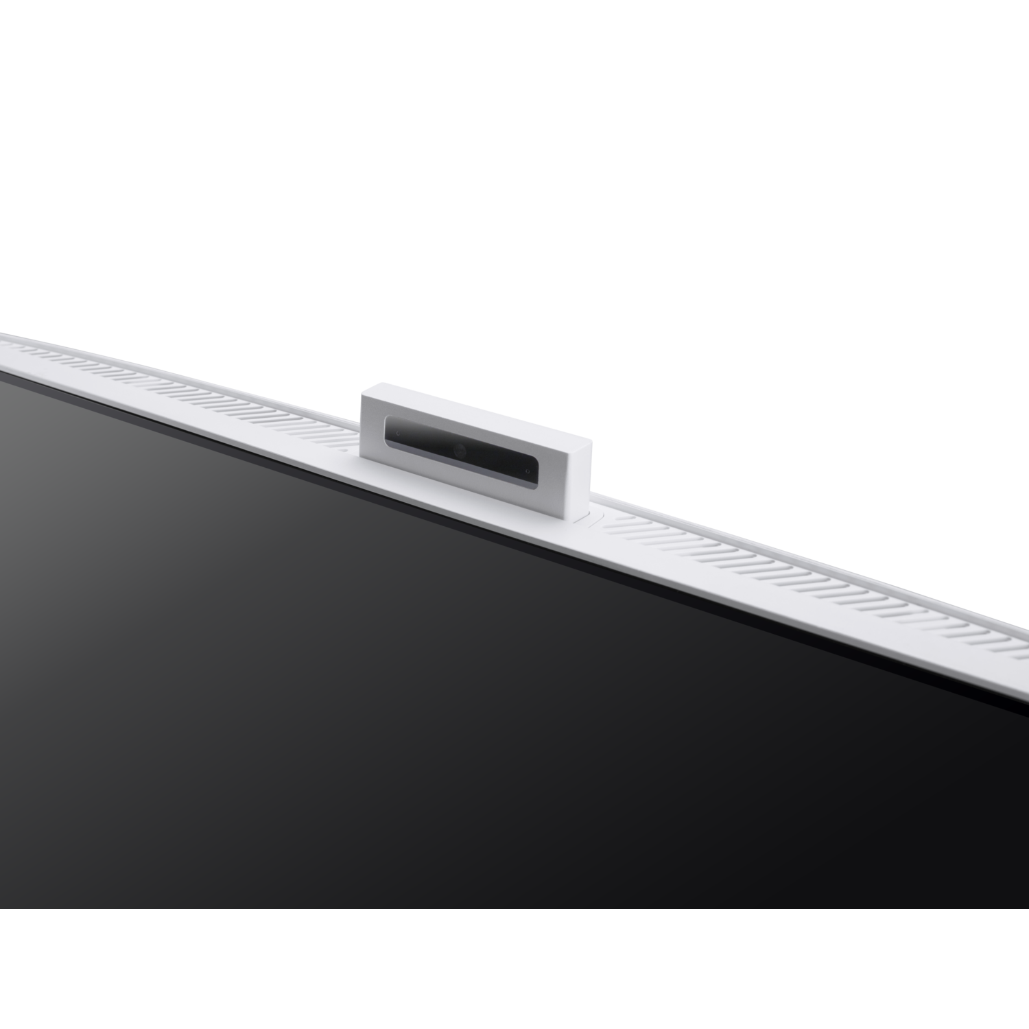 Close-up of a white computer screen with a camera at the top.