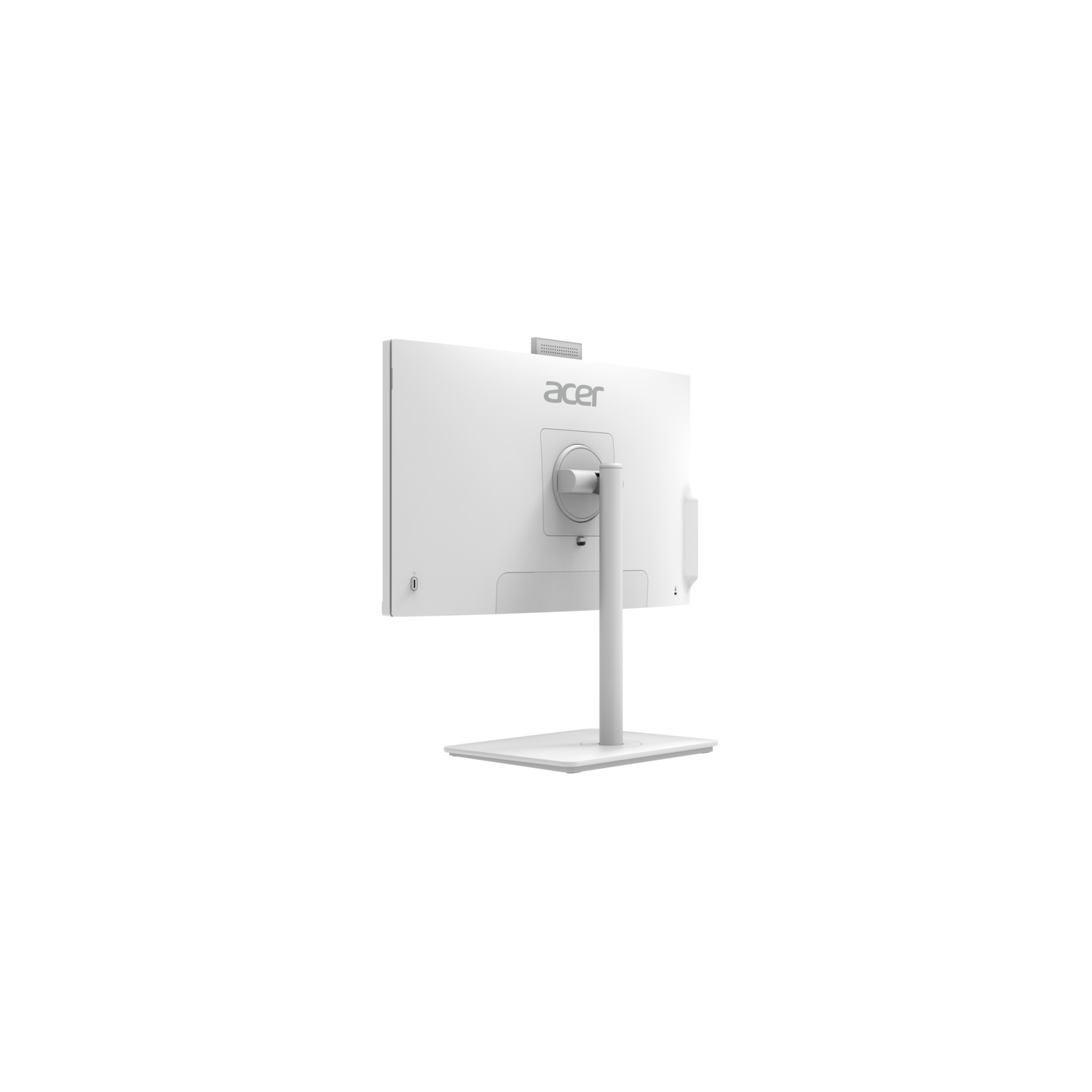 Back of a white Acer monitor. White stand and Acer logo visible. Black background.