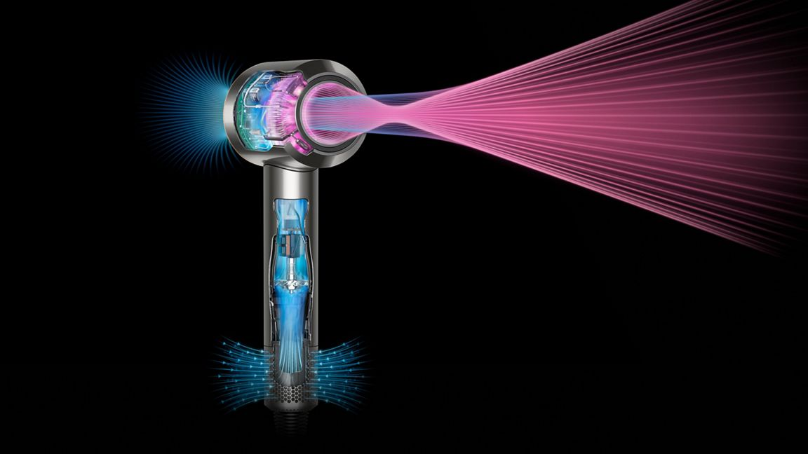 Fonctionnement interne du sèche-cheveux Dyson. Le flux d'air est visualisé avec des flux roses et bleus.
