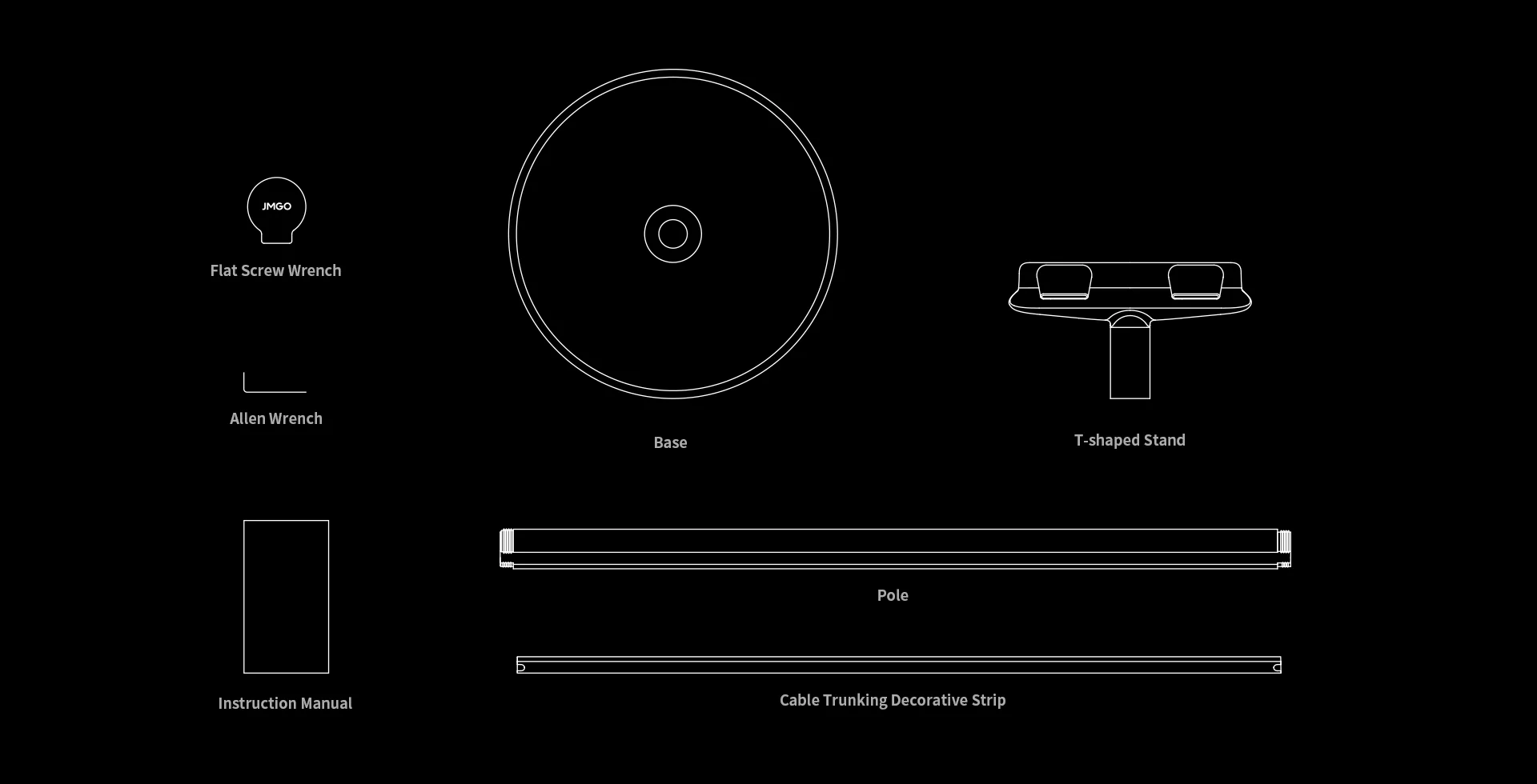 Diagramme des composants du support de projecteur : base, poteau, support en forme de T et outils.