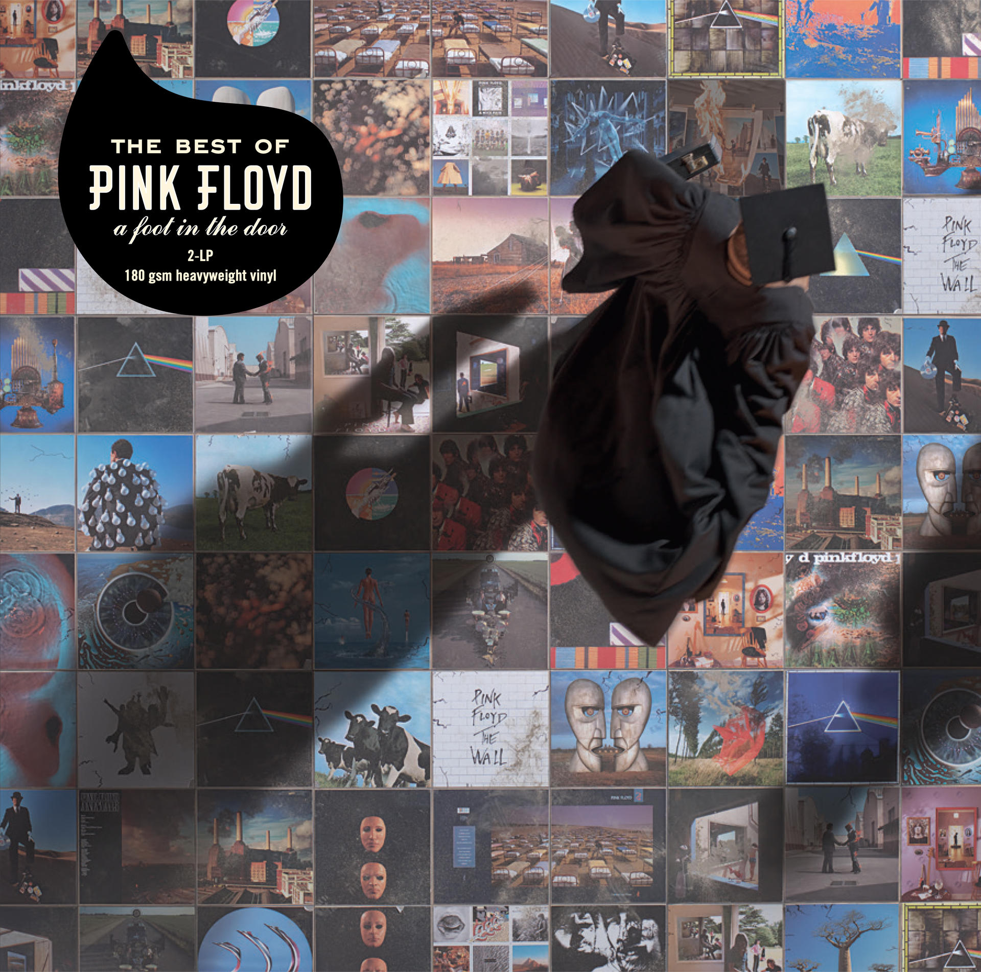 Pochette d'album avec de nombreuses pochettes d'albums de Pink Floyd et un chapeau de remise de diplôme.