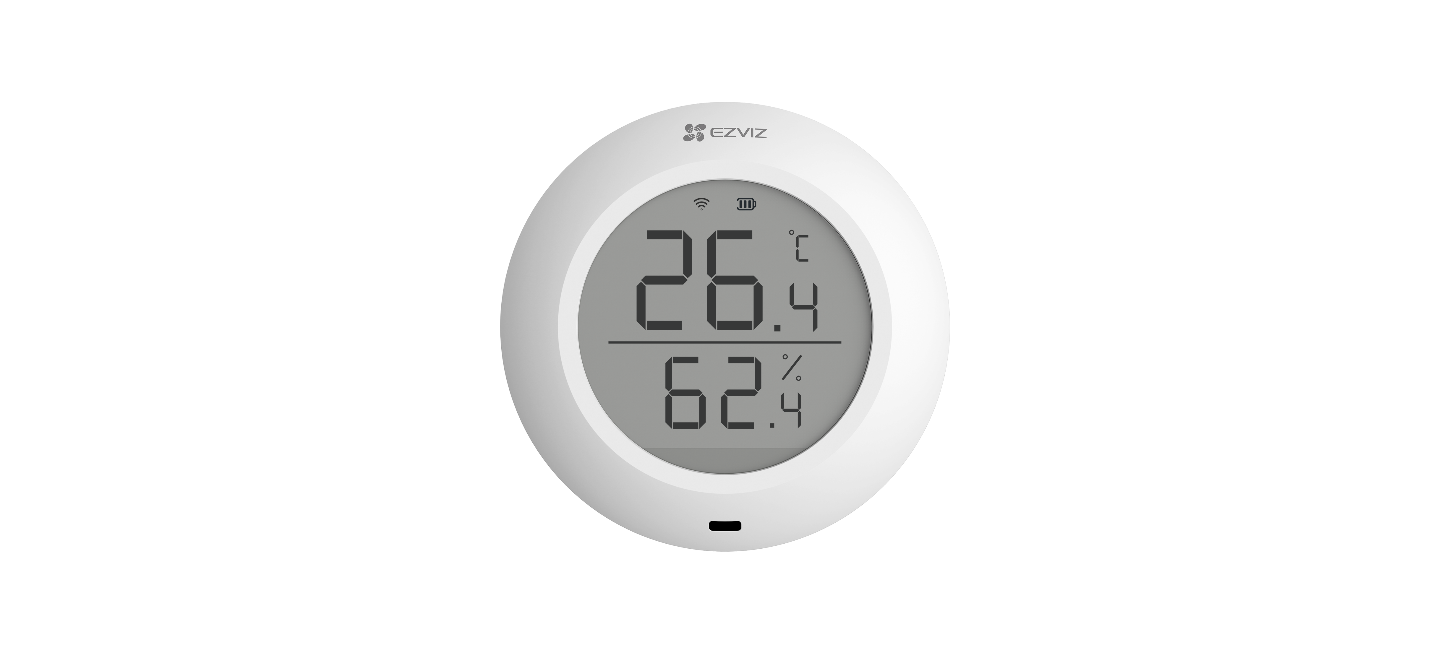 Ein weißes, rundes EZVIZ-Gerät, das Temperatur- und Feuchtigkeitswerte anzeigt.