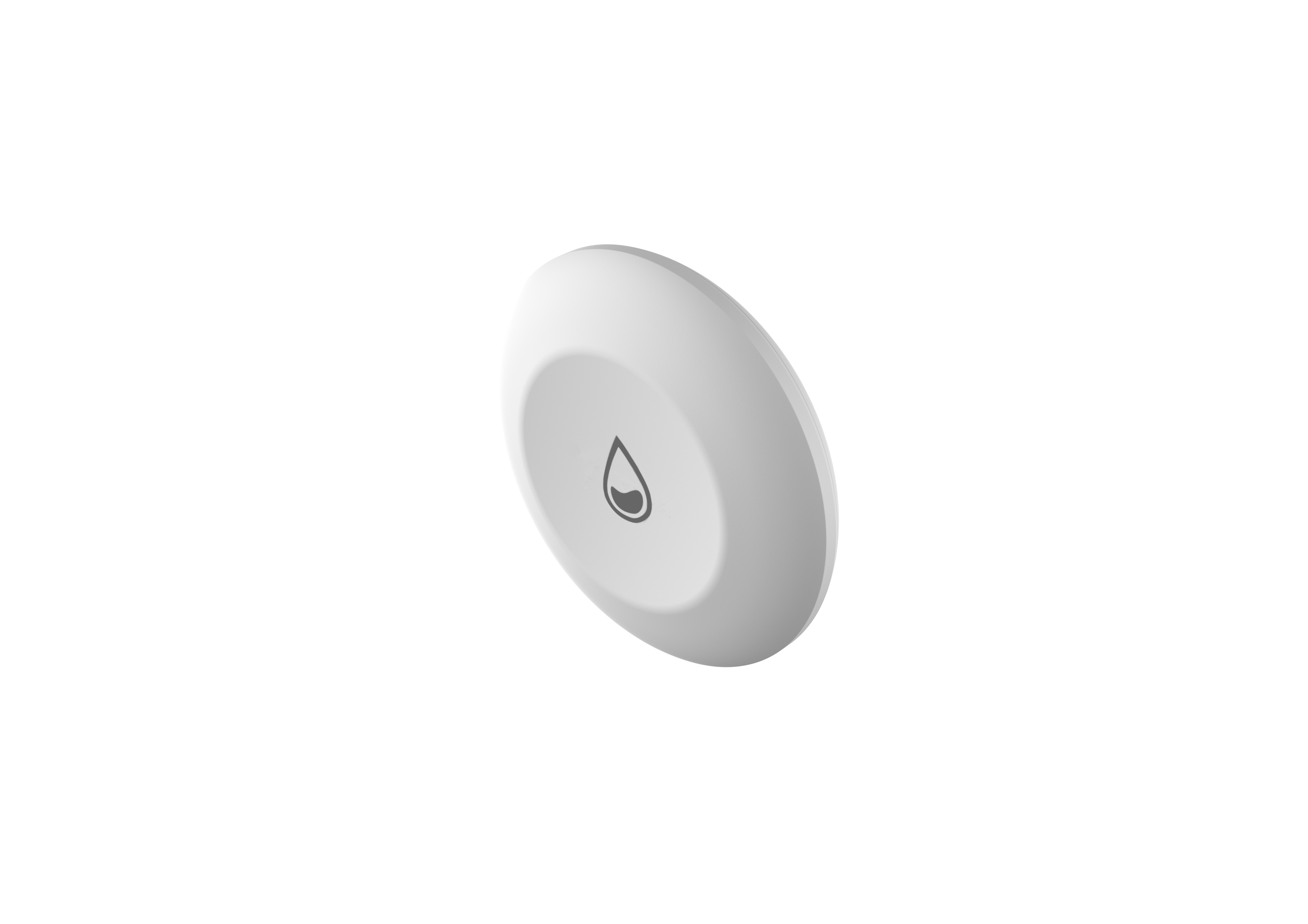 Weißes, kreisförmiges Gerät mit Wassertropfen-Symbol, Winkelansicht.