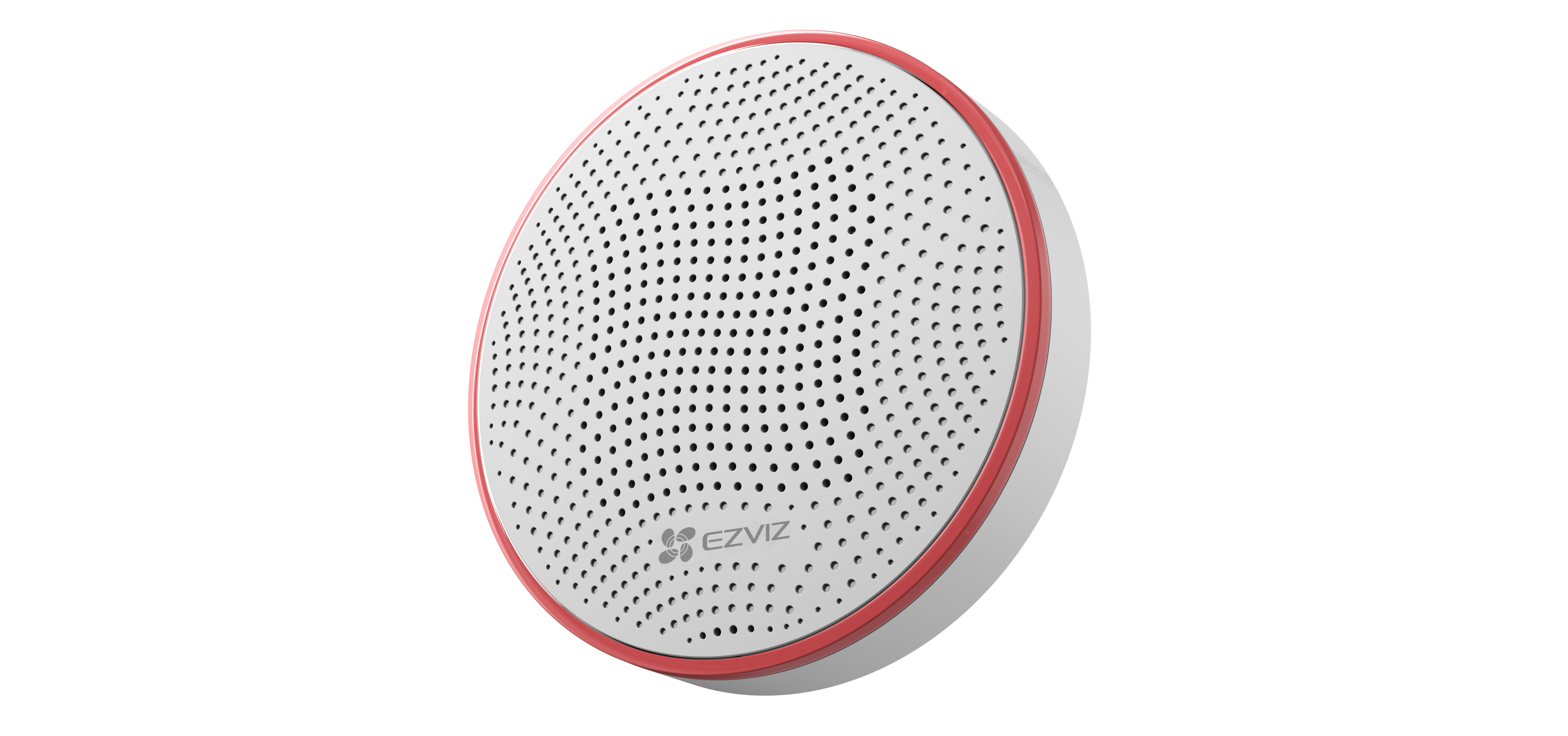 Ein weißer und roter runder Lautsprecher mit einem Mesh-Front und dem EZVIZ-Logo.