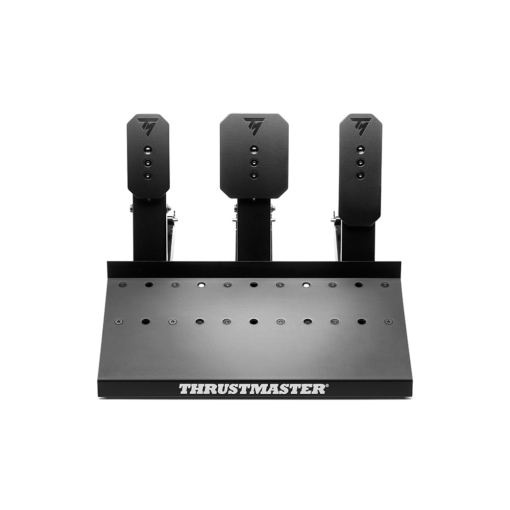 Schwarze Thrustmaster-Rennpedale auf weißem Hintergrund.