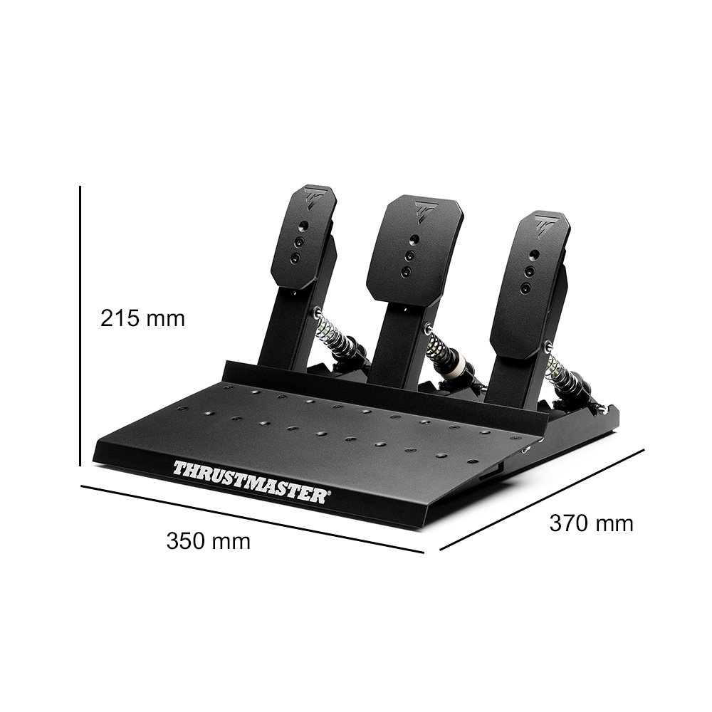 Schwarze Gaming-Pedale mit drei Pedalen und Abmessungen in Millimetern.