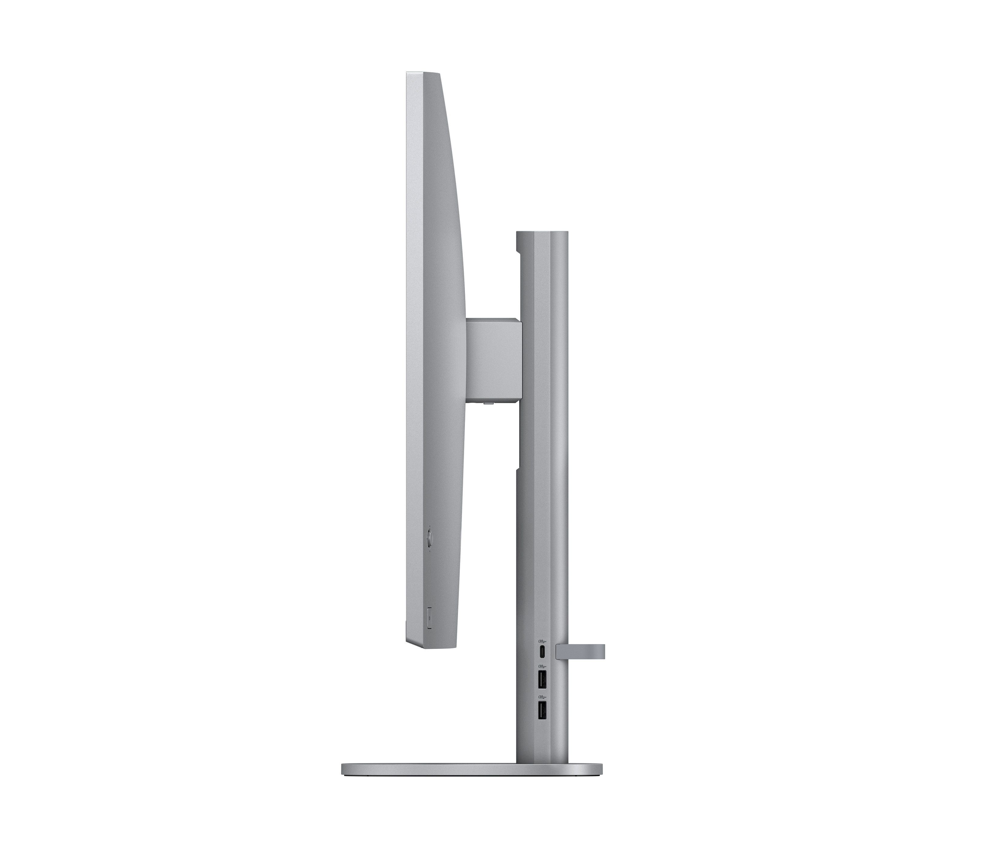 Ein silberner Computermonitor, Seitenansicht, mit silbernem Ständer.