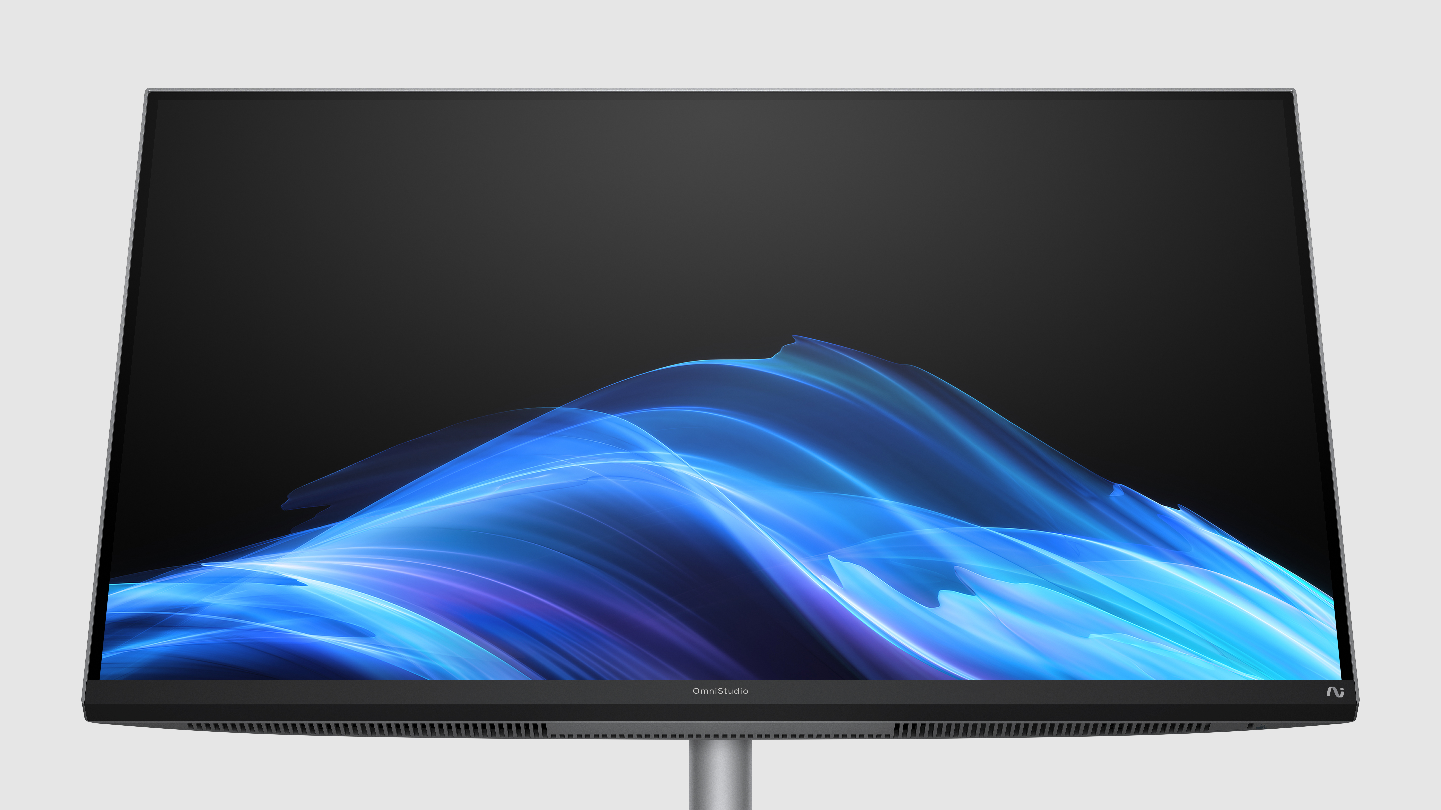 Computermonitor mit dunklem Bildschirm mit blauen Wellen.
