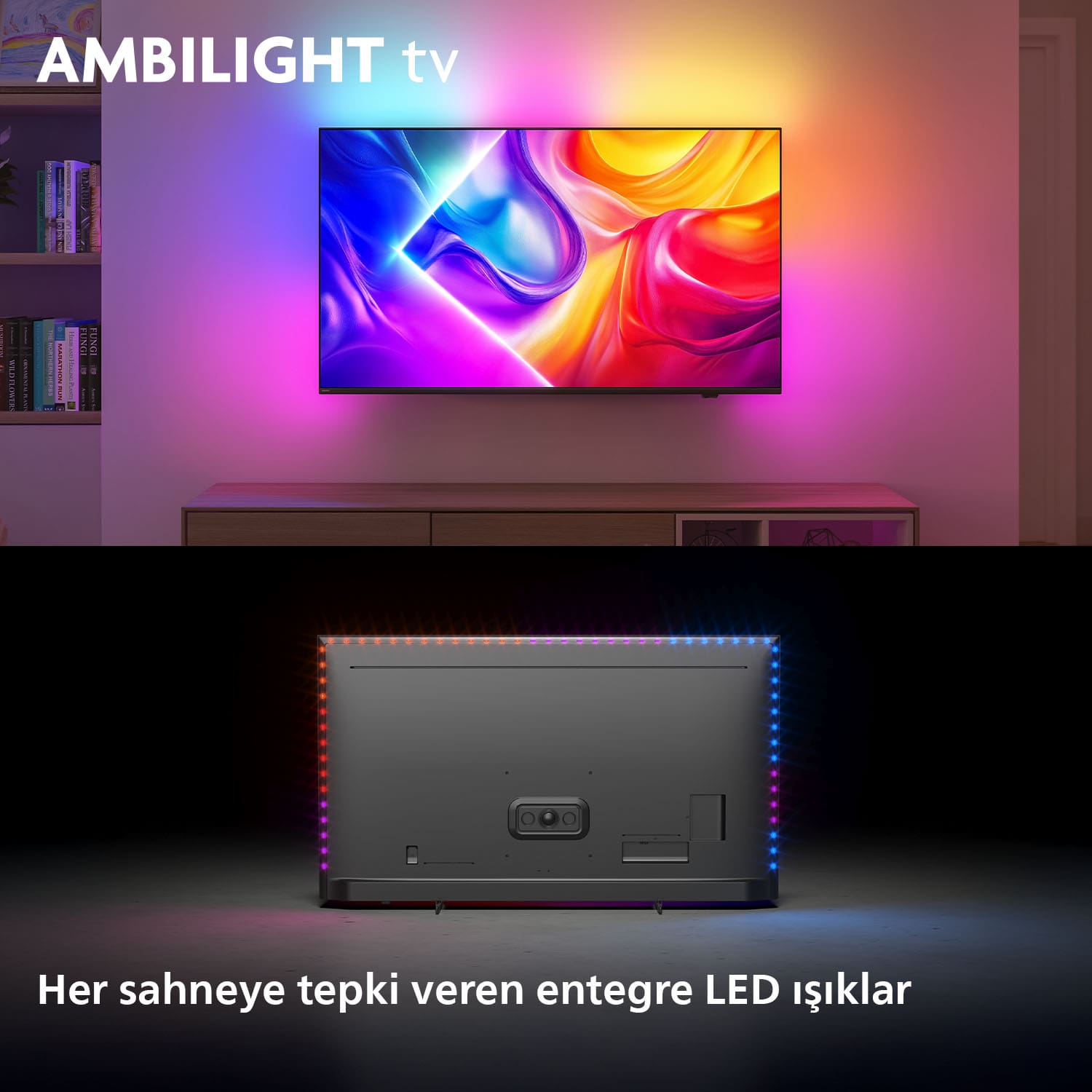 Ambilight'lı TV, arkasında renkli ışıklar ve TV'nin arkası.