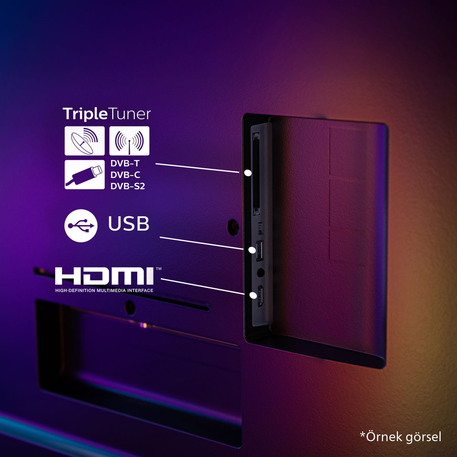 TV arka paneli. USB, HDMI ve diğer bağlantı noktaları görünür. TripleTuner ve DVB etiketleri gösterilir.