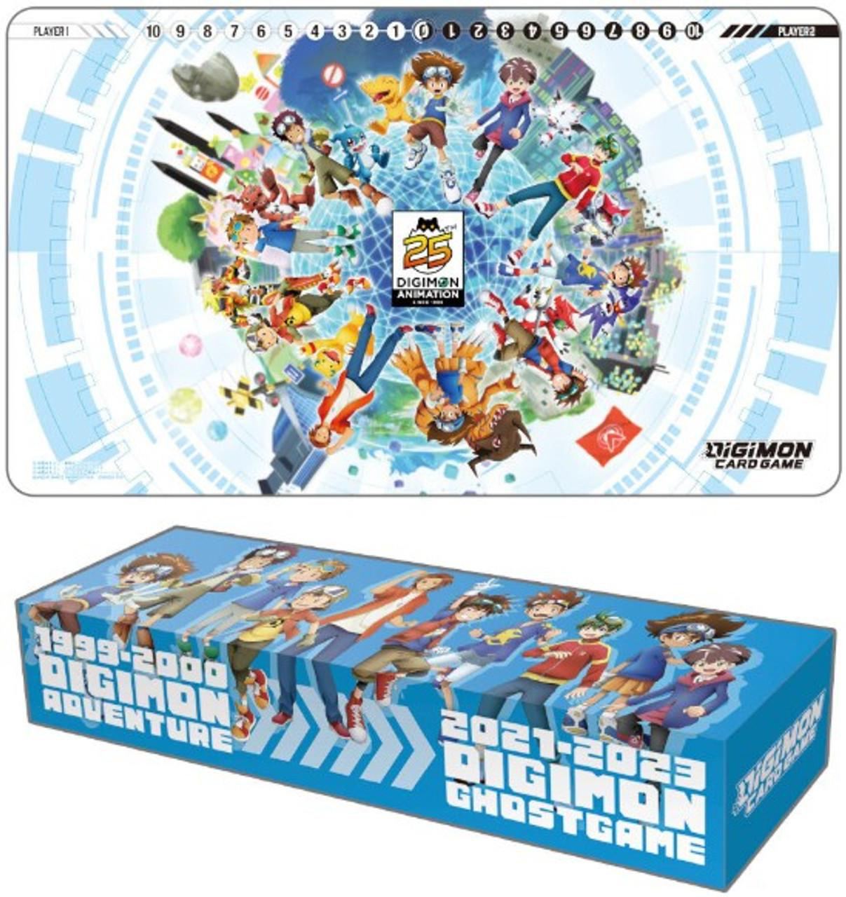Digimon-Kartenspiel-Set mit Spielmatte und Box, mit verschiedenen Charakteren.
