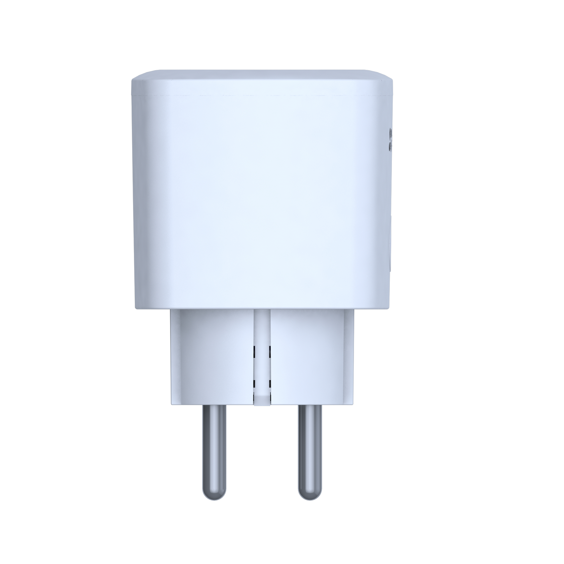 Ein weißer Stecker mit zwei Stiften, für elektrischen Anschluss. Auf weißem Hintergrund.