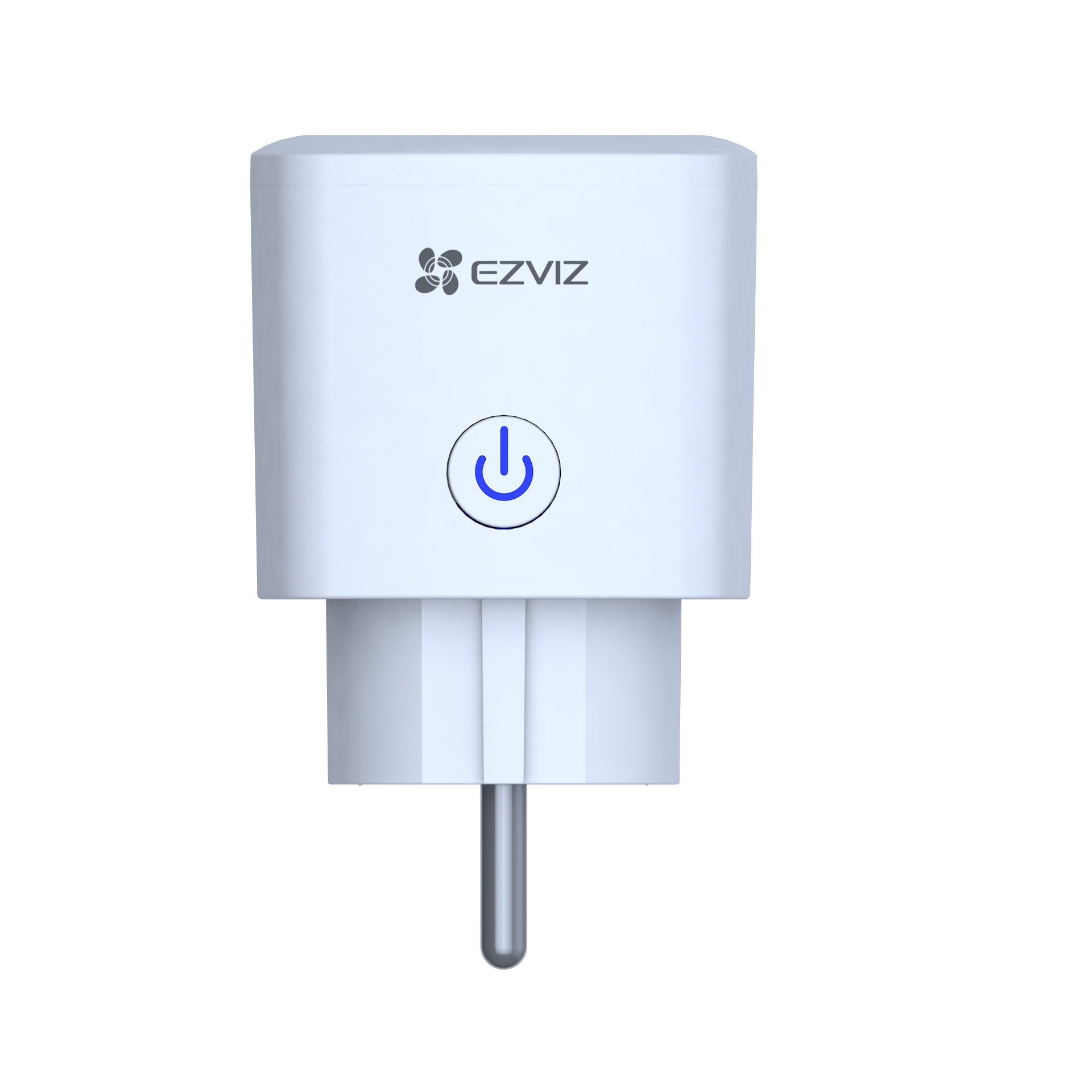 Weißer Smart Plug mit Power-Taste und EZVIZ-Logo.