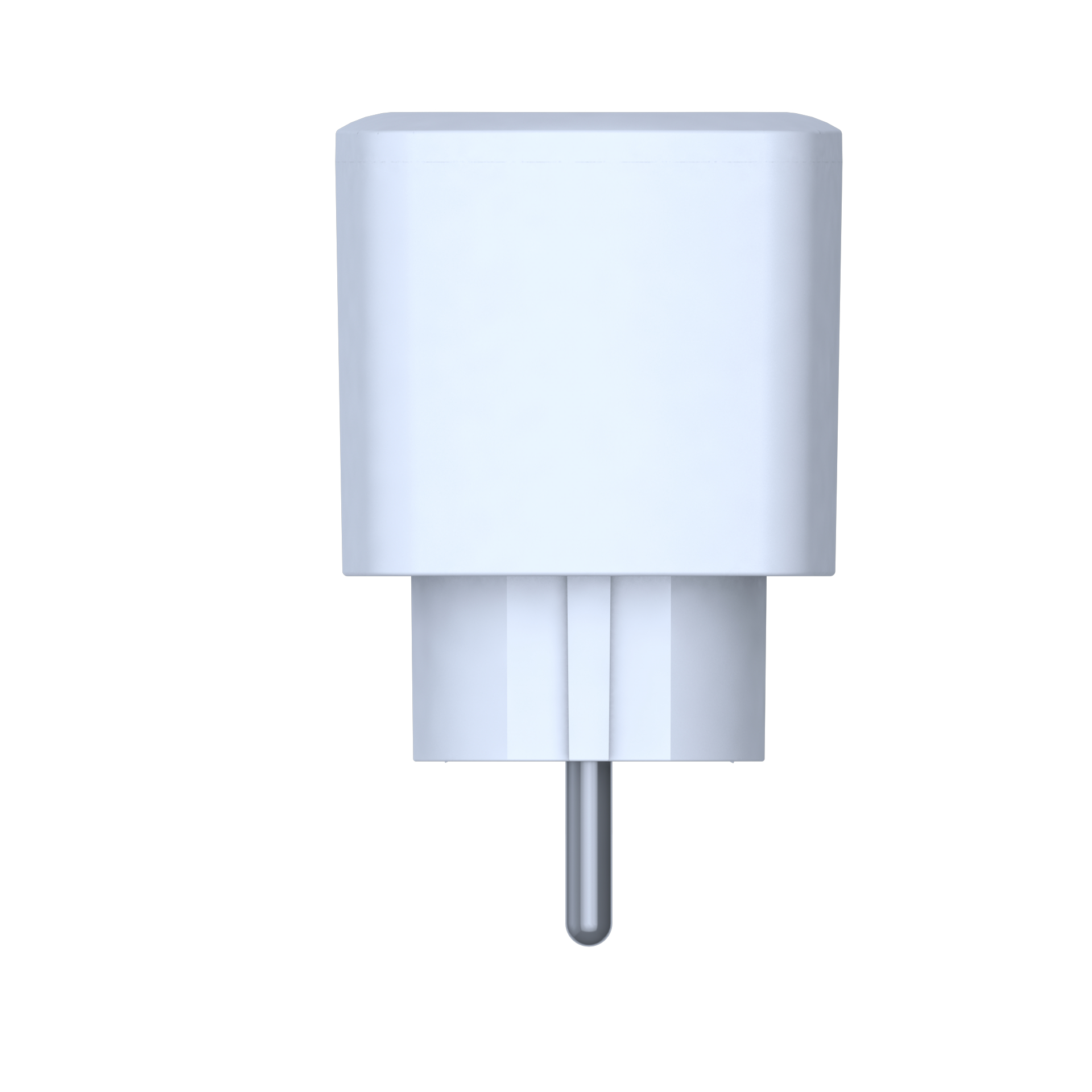 Weißes Netzteil mit Silberstecker auf weißem Hintergrund.