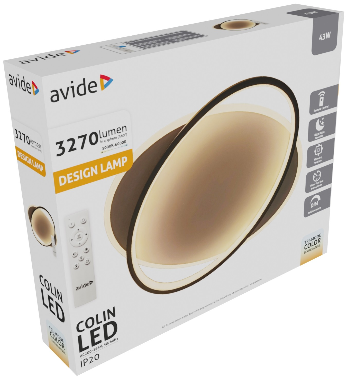 Fehér dizájn lámpadoboz termékadatokkal, beleértve a távirányítót.