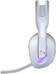 Fehér gaming headset, állítható mikrofonnal és lámpákkal.