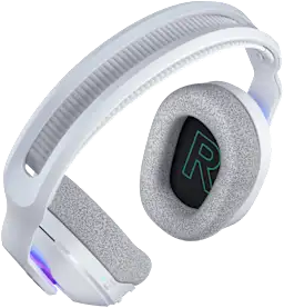 Fehér gamer headset szürke fülpárnákkal, a belső R betűvel.