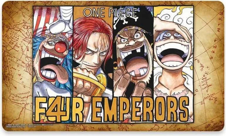 Vier Charaktere aus dem One Piece Manga, mit dem Text "FOUR EMPERORS" auf einem Kartenhintergrund.