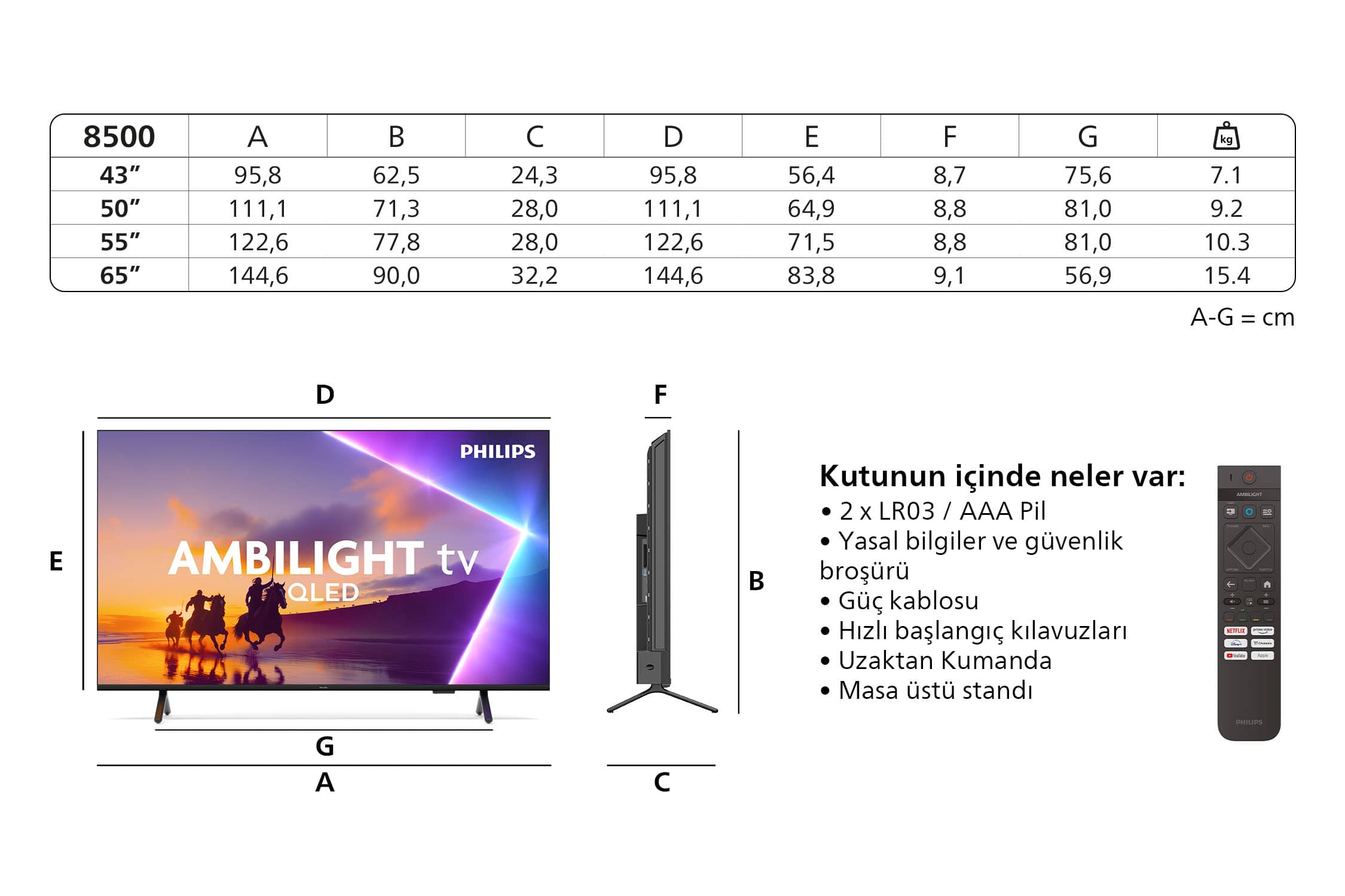 Boyut tablosu ve uzaktan kumandaya sahip bir TV. TV, gümüş bir stand ile siyahtır.
