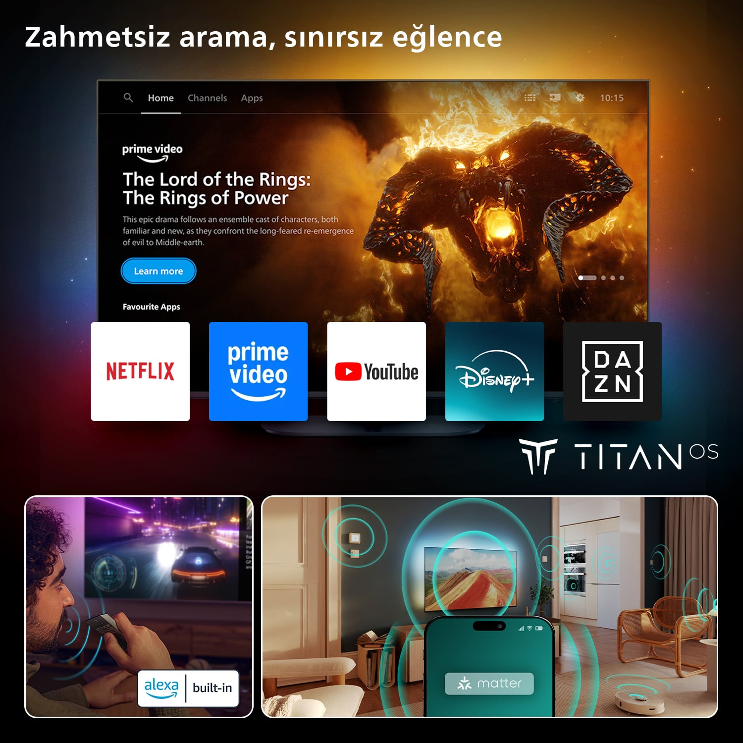 Uygulamalarla bir TV ekranı. Görüntü, bir odada uzaktan kumanda kullanan bir kişiyi gösteriyor.