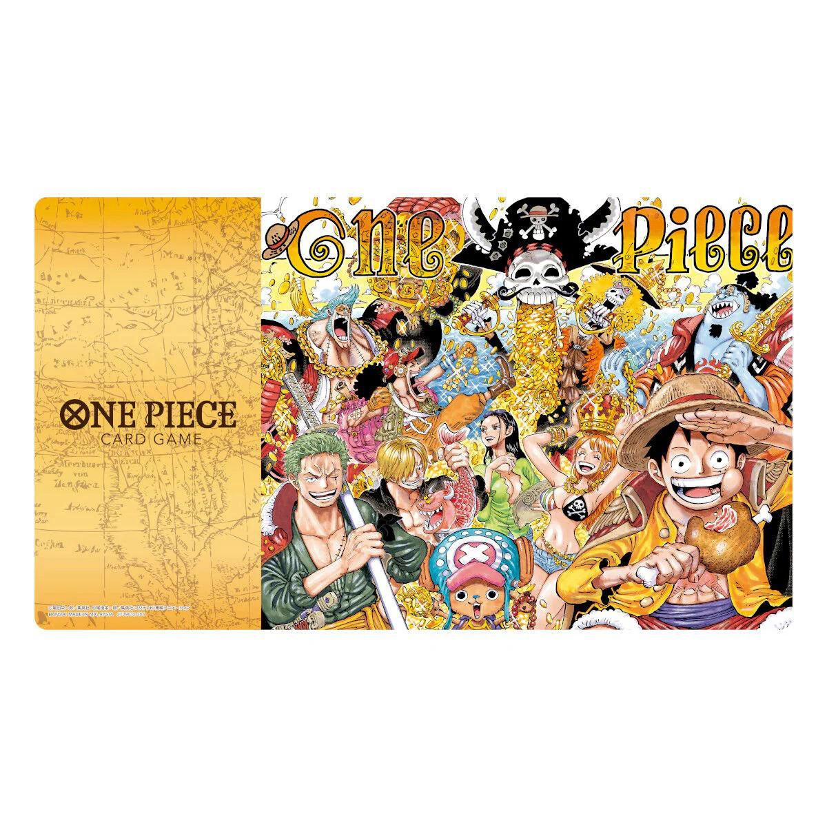 Eine One Piece Kartenspiel-Spielmatte mit verschiedenen Charakteren.