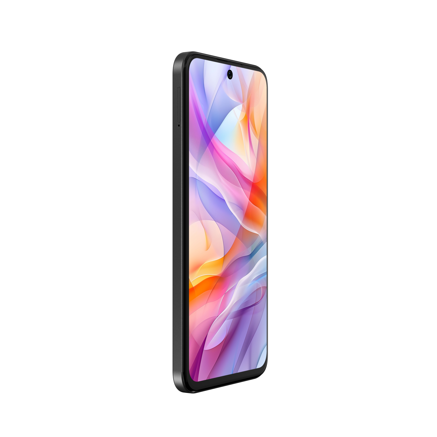 Smartphone with a colorful display, side view, black frame.